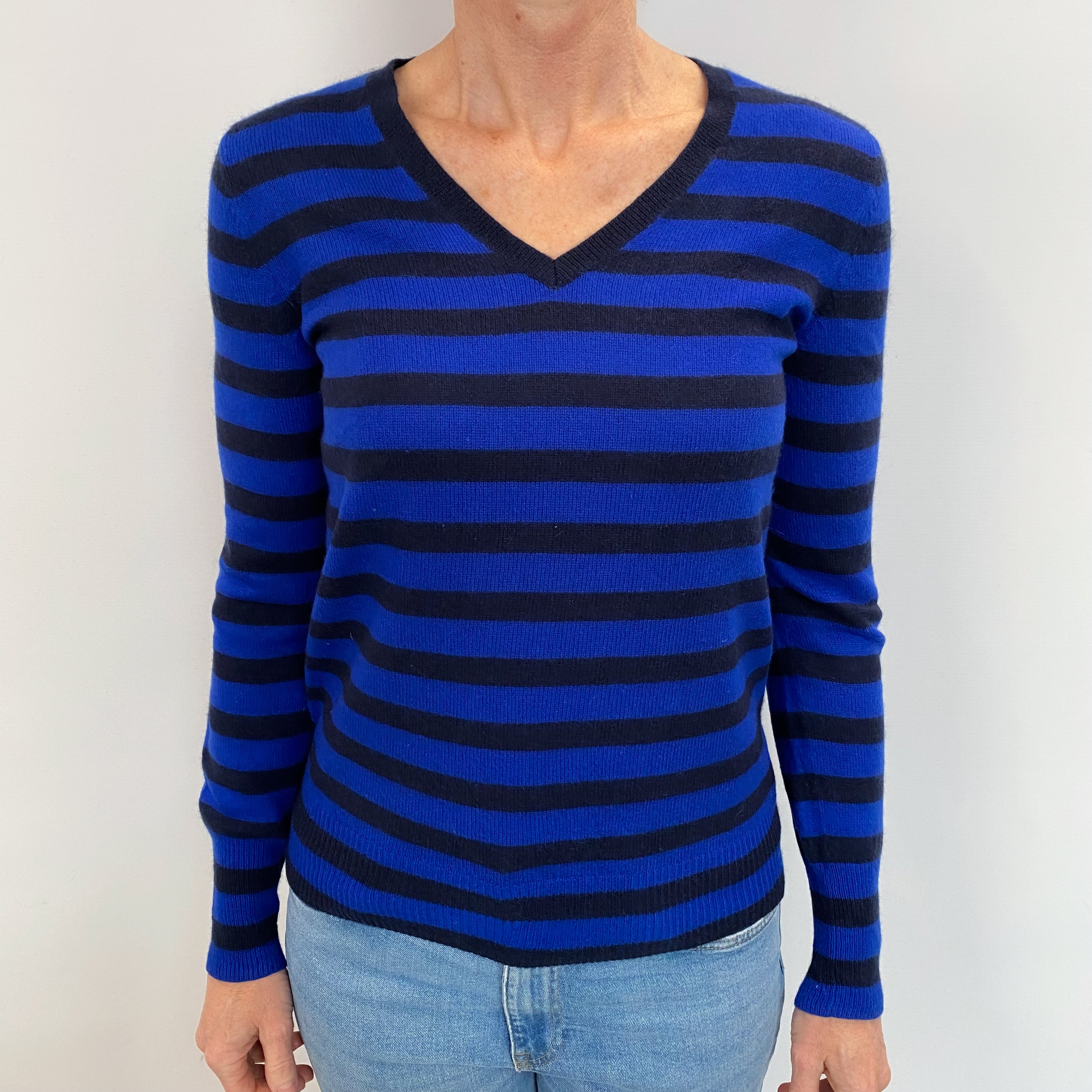 Navy And Blue Striped Cashmere V Neck Jumper Small