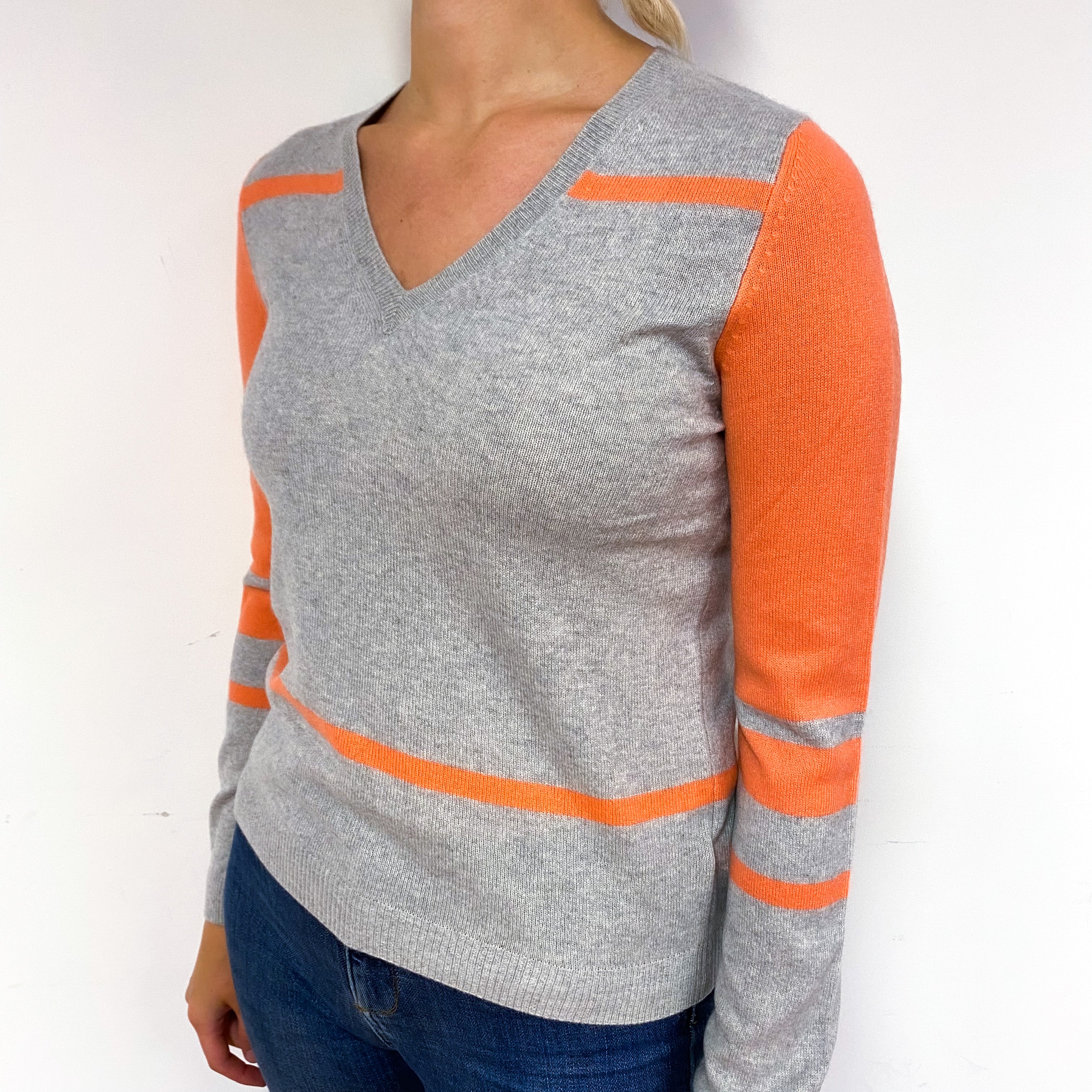 Smoke Grey Neon Coral Cashmere V-Neck Jumper Small