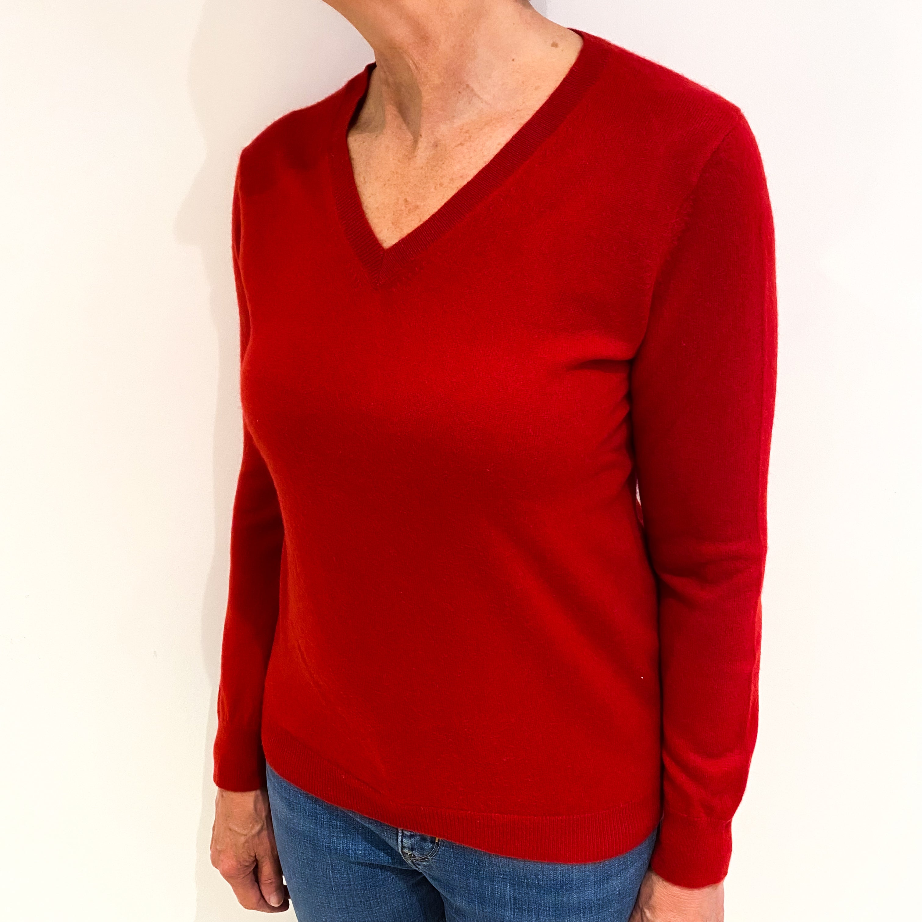 Post Box Red Cashmere V Neck Jumper Medium