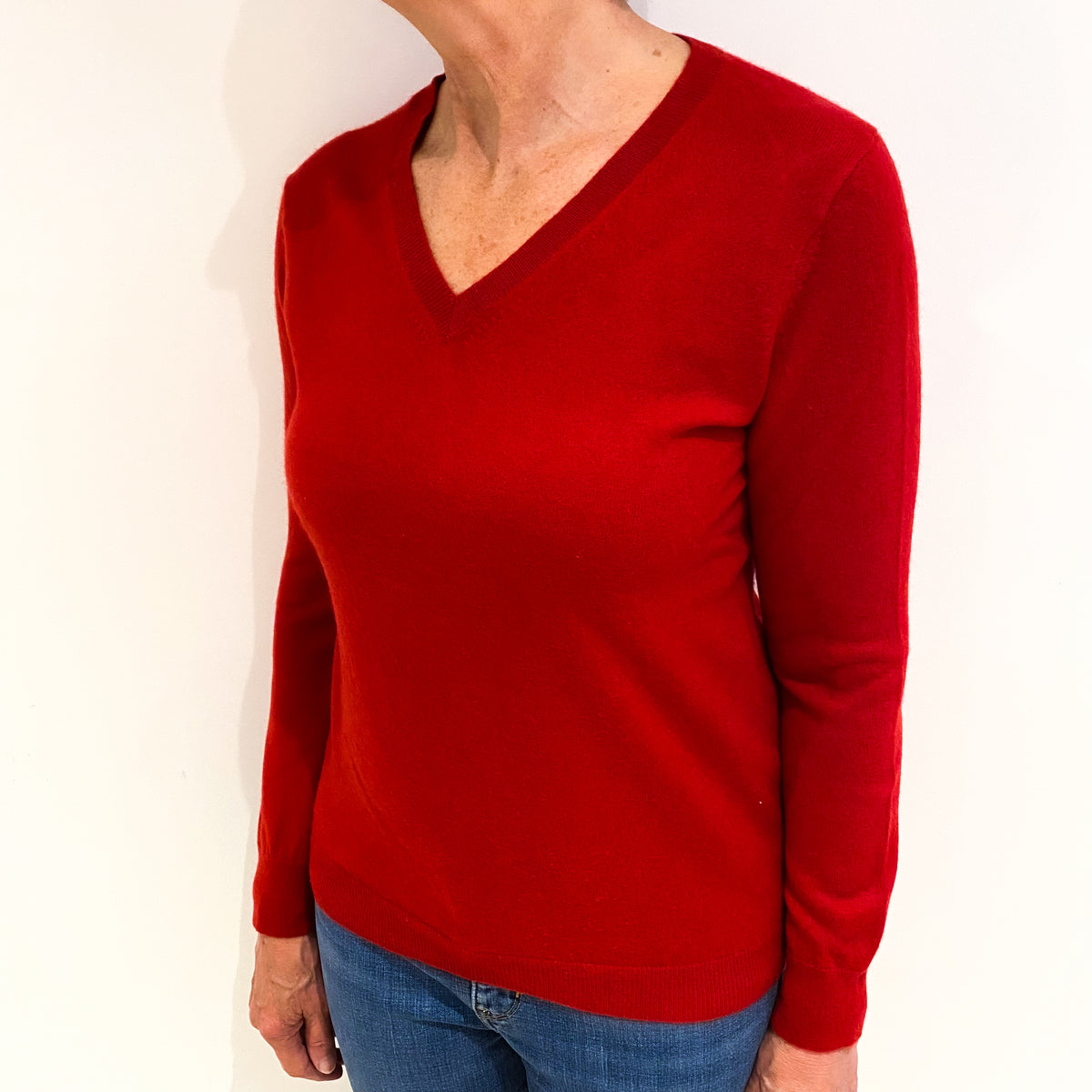Post Box Red Cashmere V Neck Jumper Medium