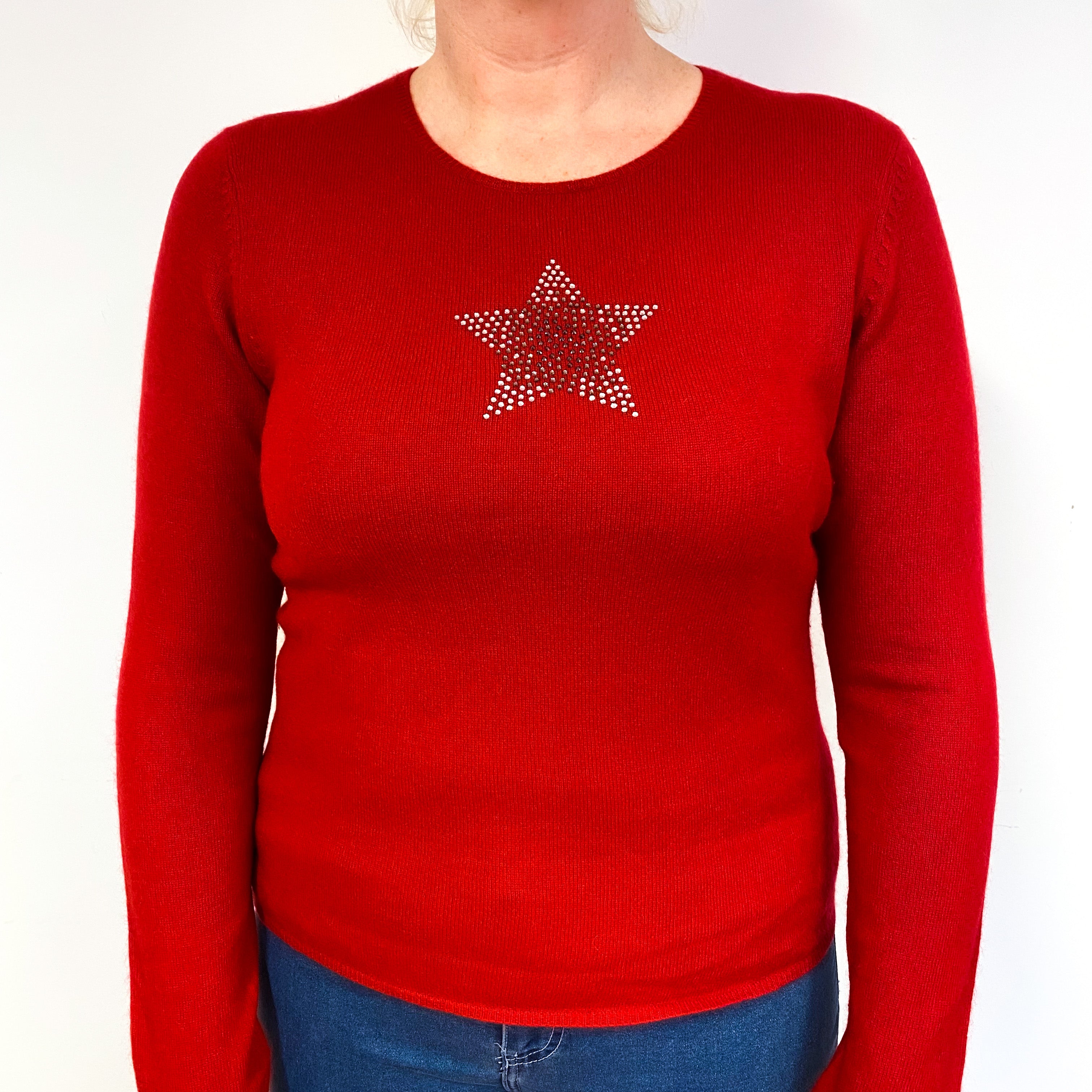 Red Diamanté Star Cashmere Crew Neck Jumper Large