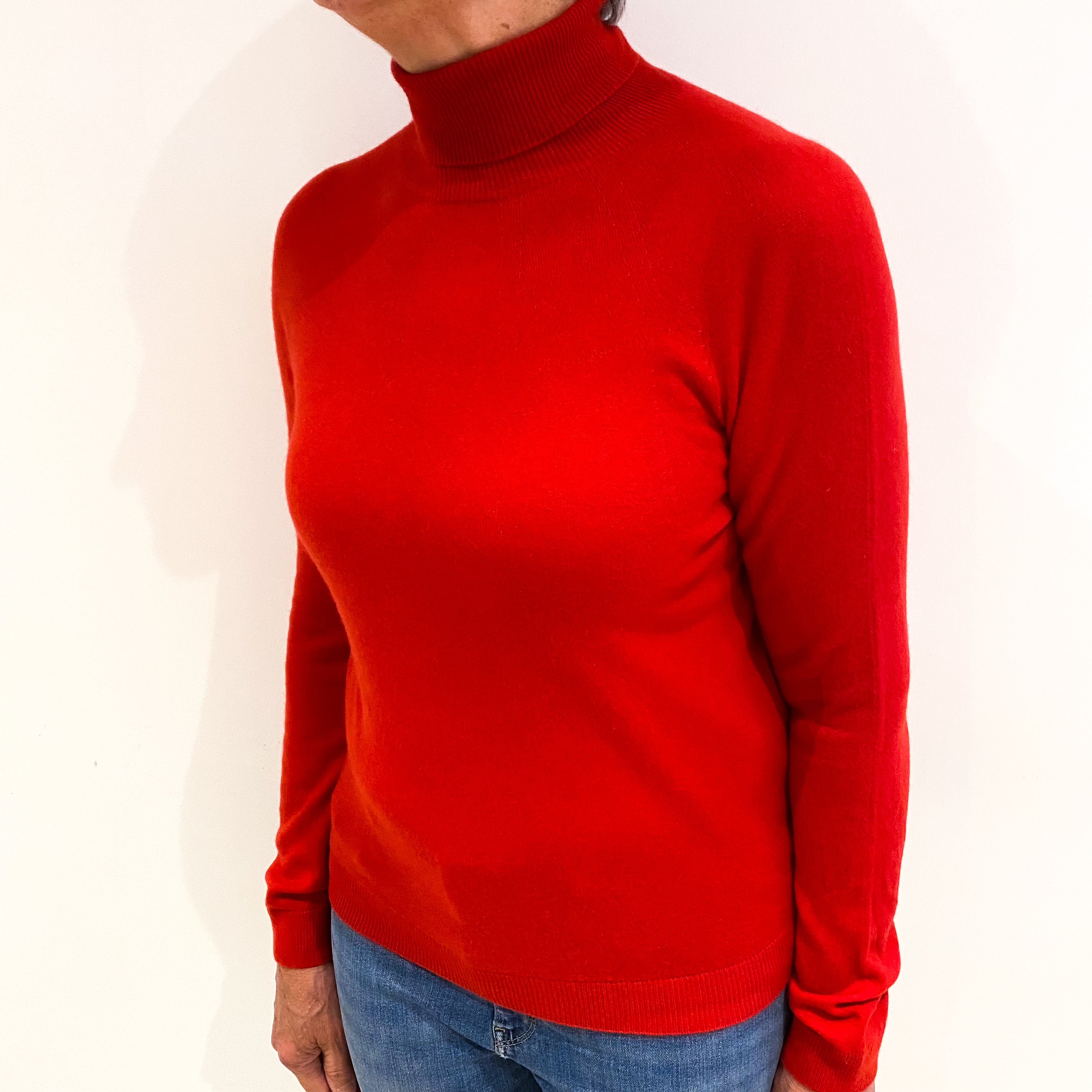 Vermillion Red Cashmere Polo Neck Jumper Medium