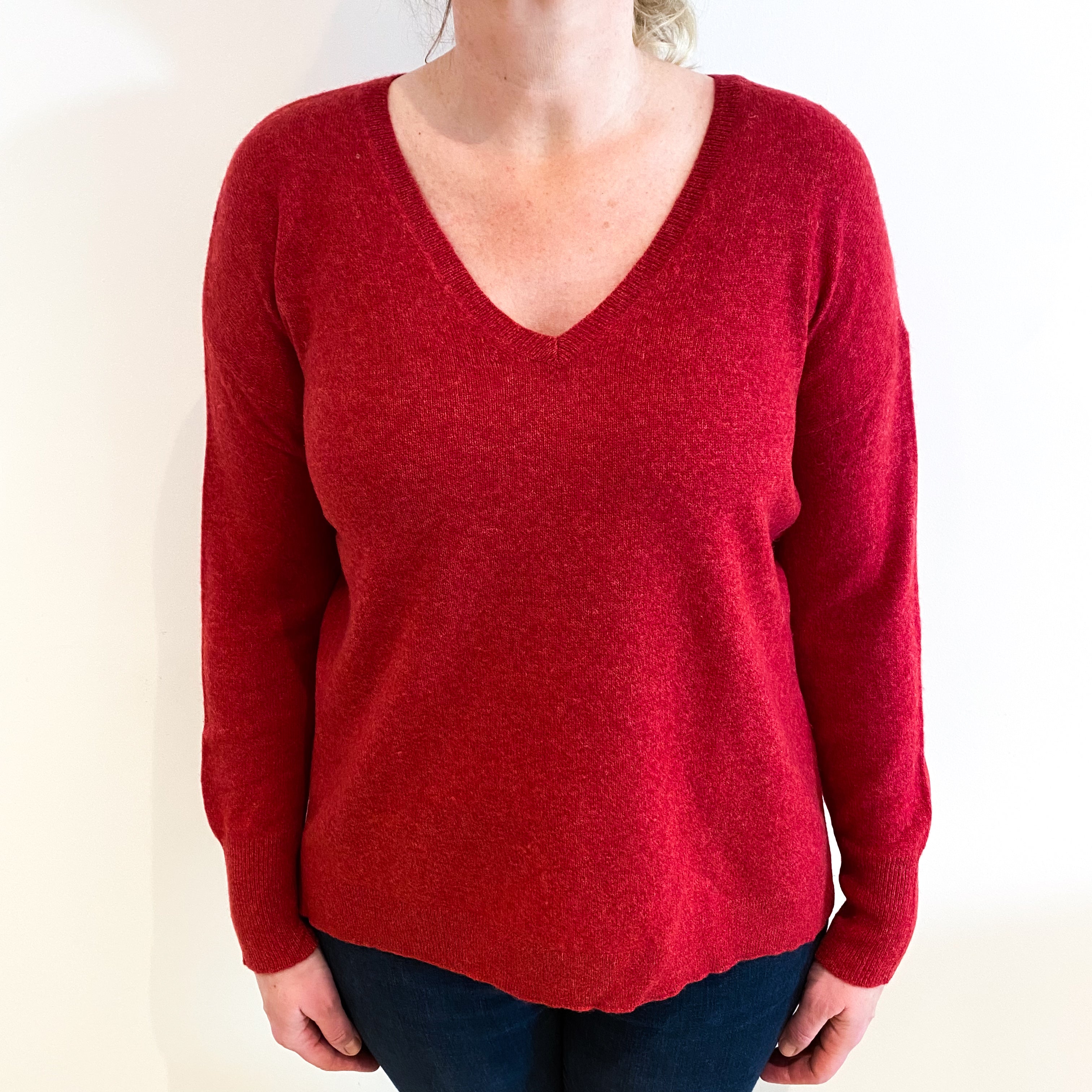 Brick Red Cashmere V Neck Jumper Large