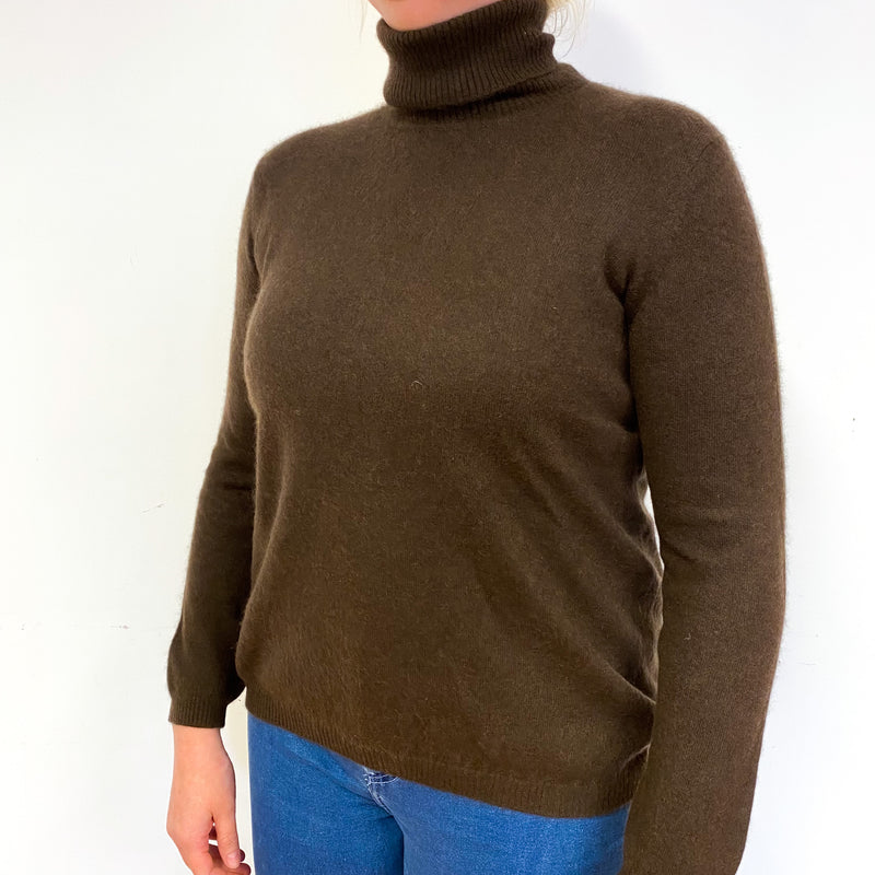 Chocolate Brown Cashmere Polo Neck Jumper Large
