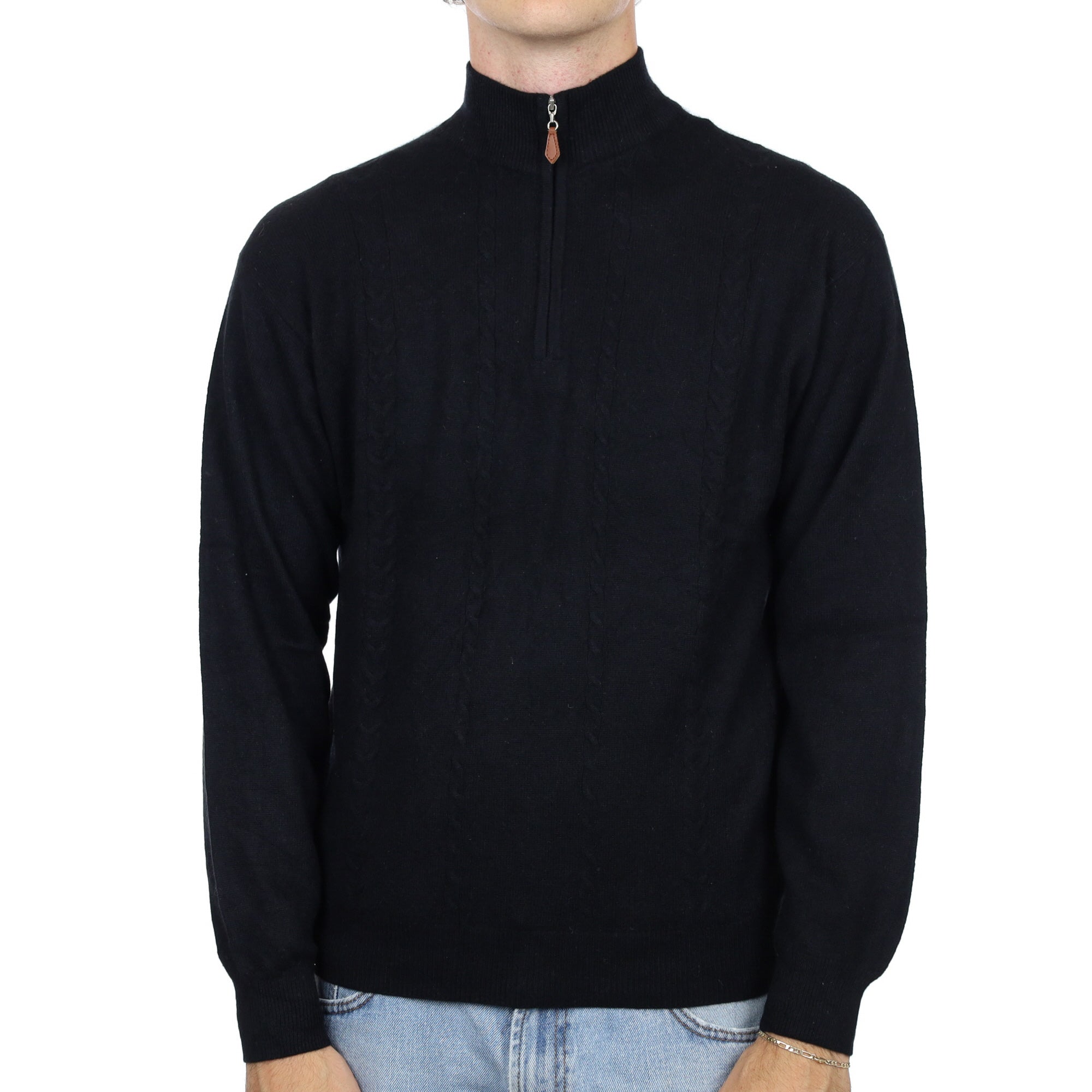 Men's Black Cashmere 1/4 Zip Neck Jumper Medium