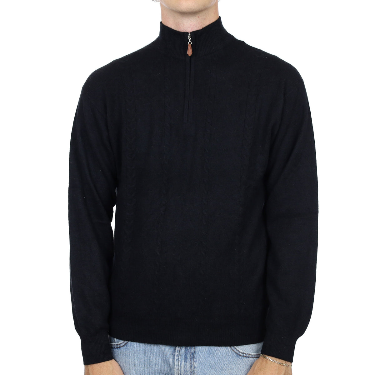 Men's Black Cashmere 1/4 Zip Neck Jumper Medium