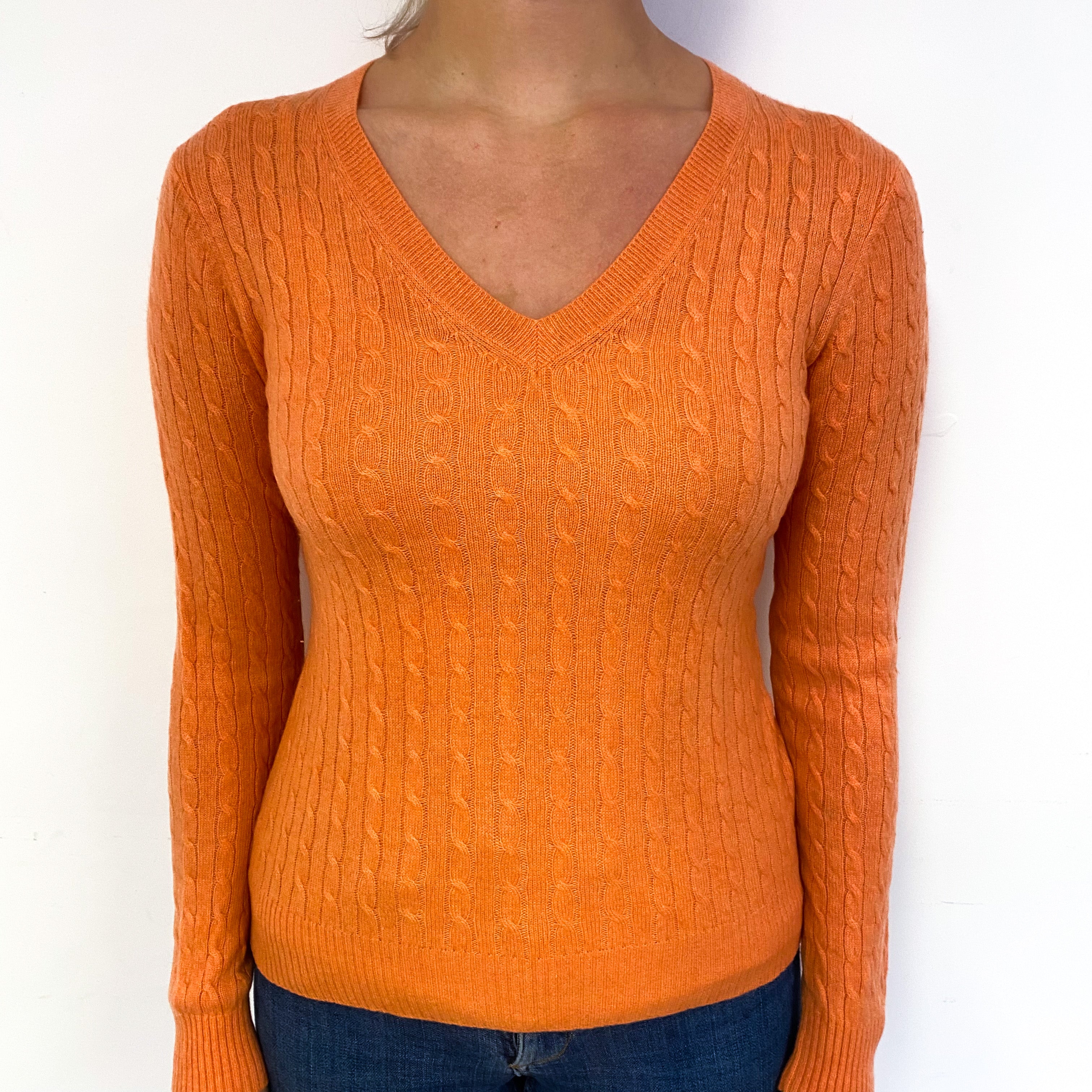 Tangerine Orange Cable Cashmere V-Neck Jumper Small