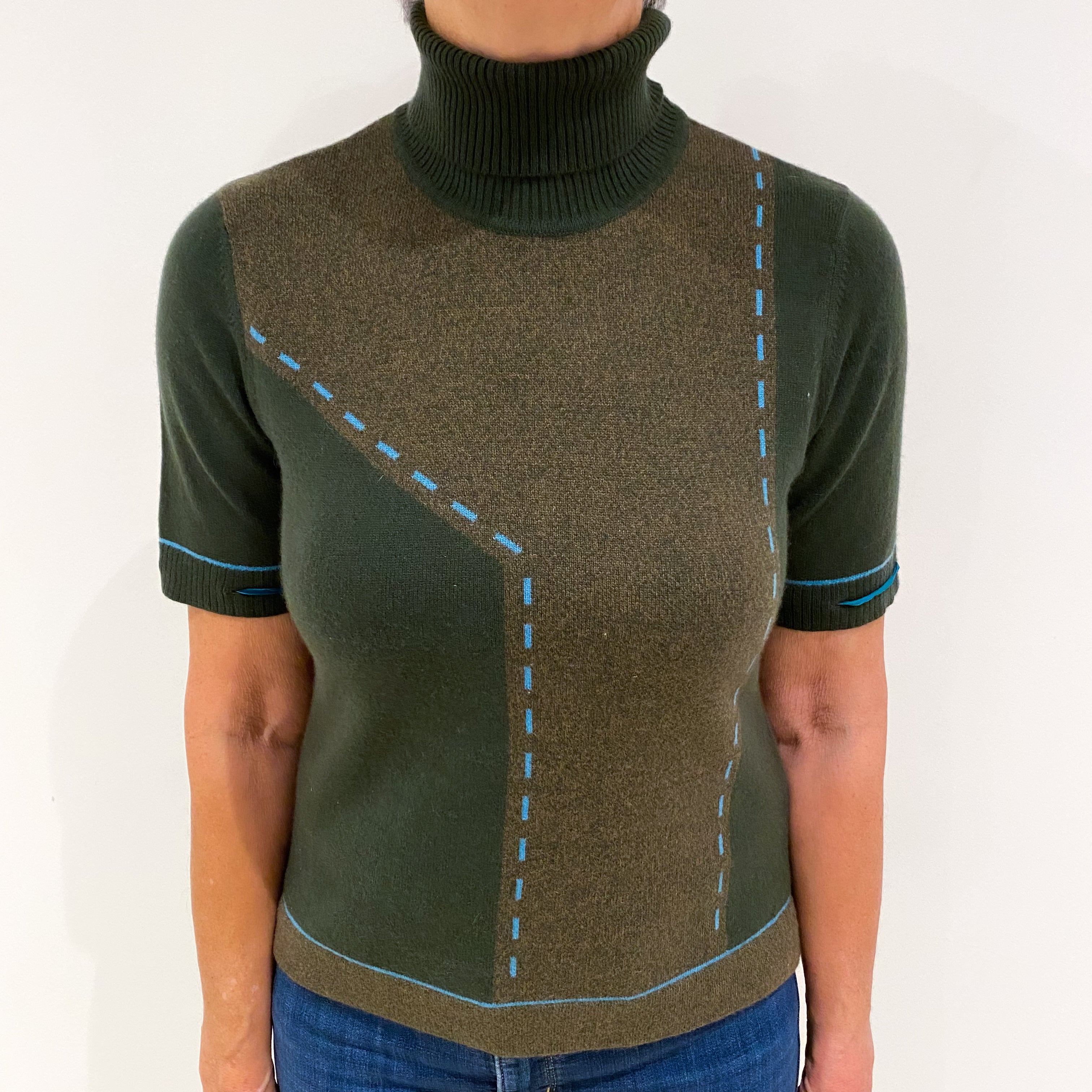 Deep Khaki Green Cashmere Polo Neck Short Sleeve Jumper Medium