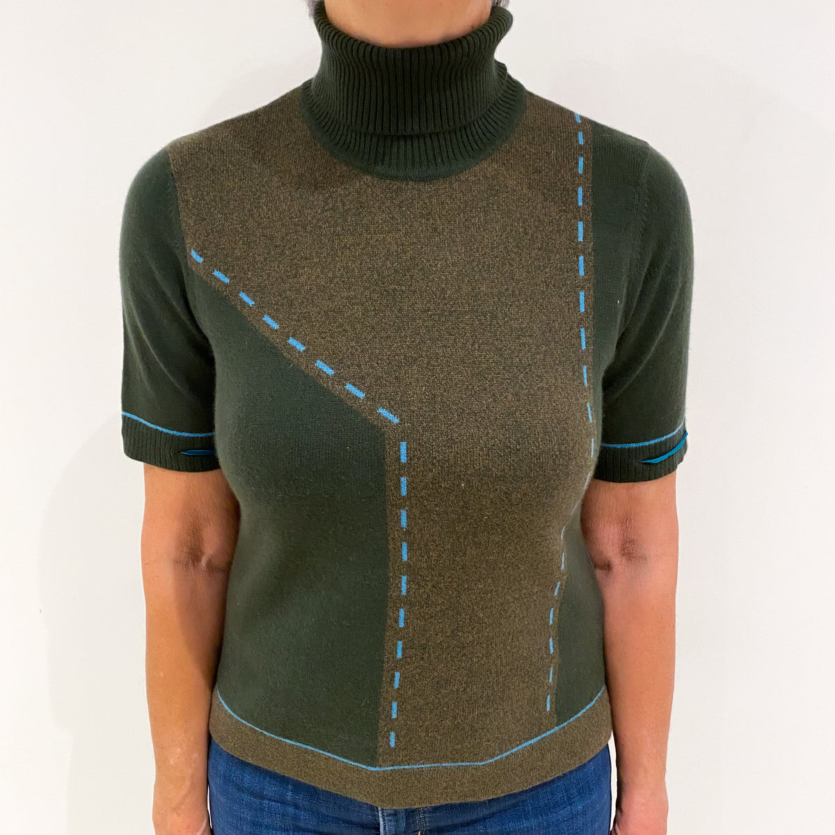 Deep Khaki Green Cashmere Polo Neck Short Sleeve Jumper Medium