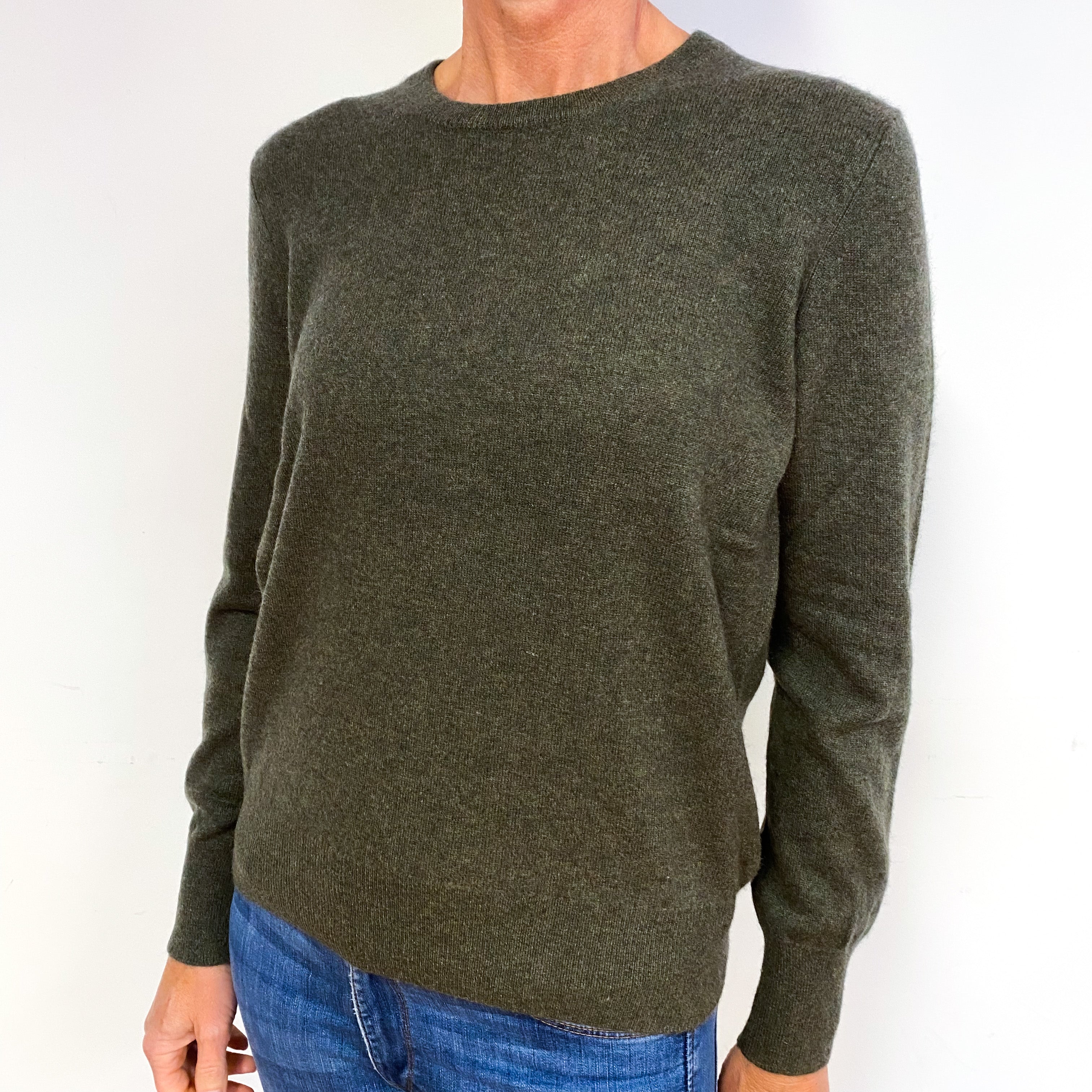 Moss Green Marl Knit Cashmere Crew Neck Jumper Medium