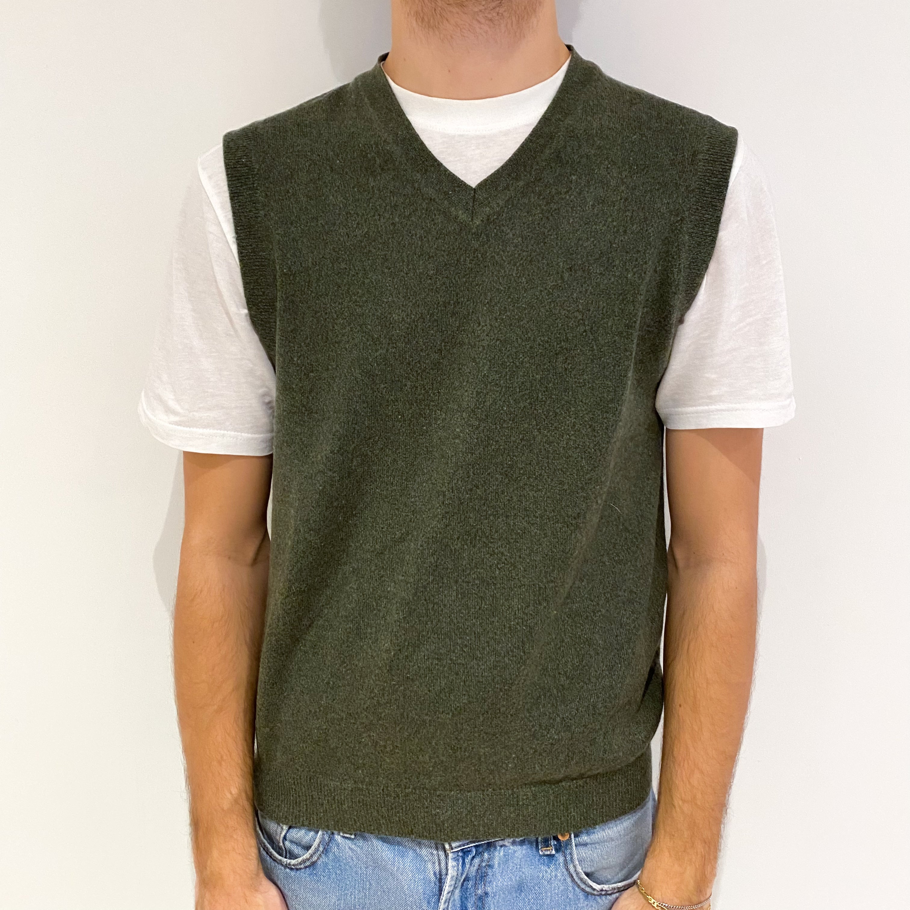 Men's Deep Khaki Green Cashmere V Neck Vest Jumper Medium