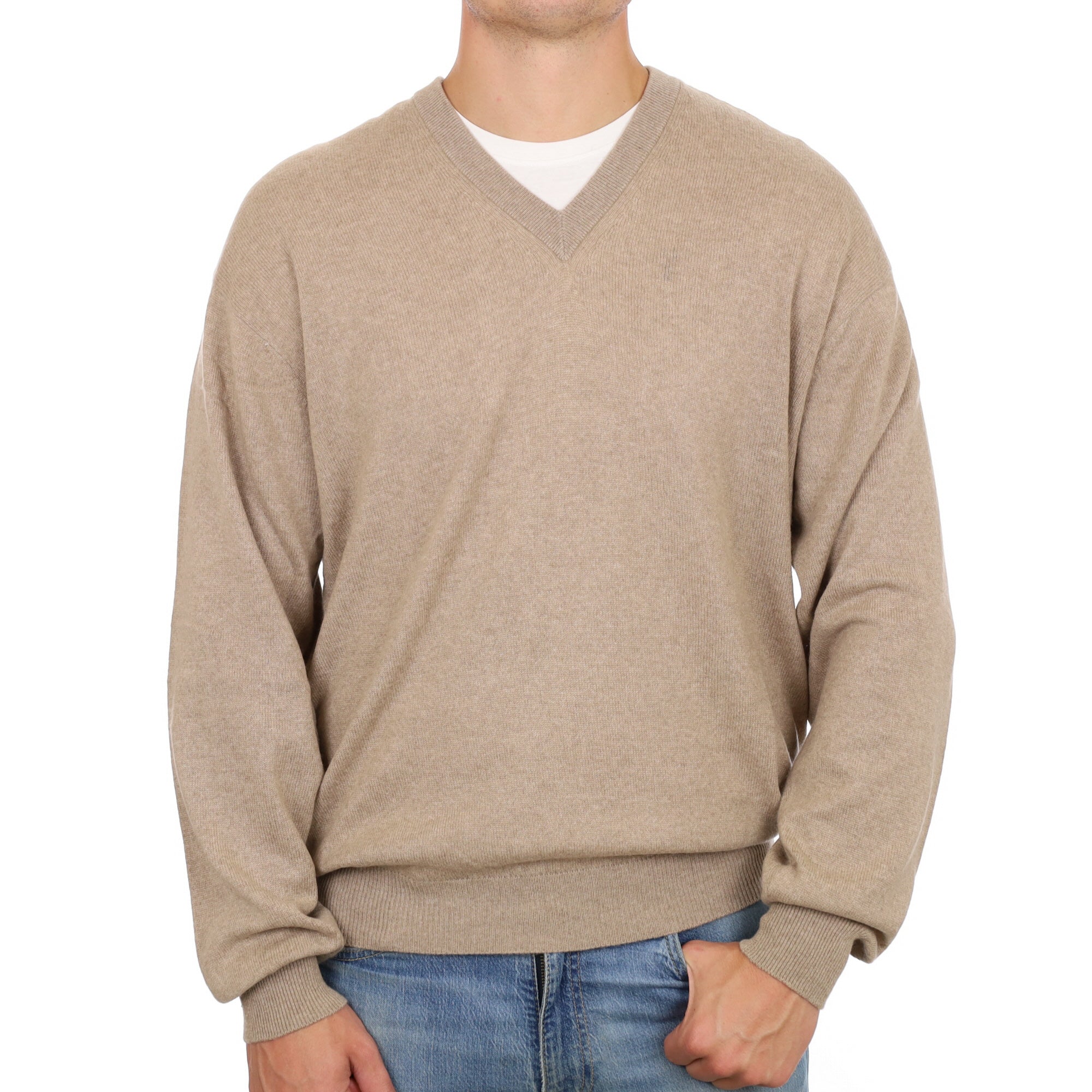 Men's Fawn Beige Cashmere V Neck Jumper XL