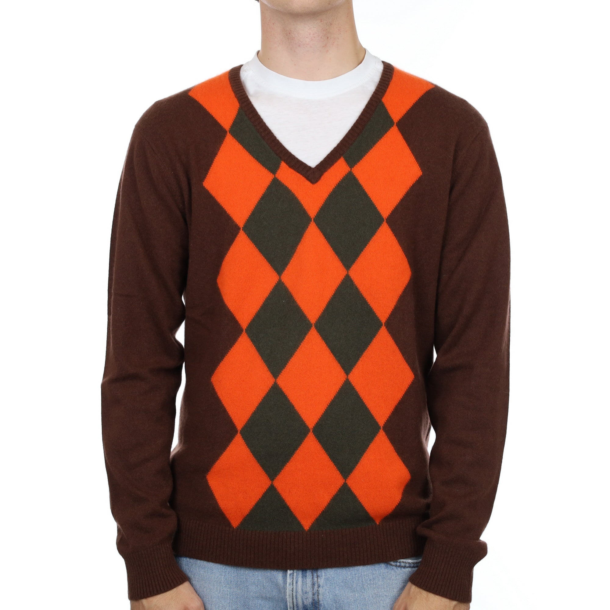 Men's Chocolate Brown Diamond Cashmere V Neck Jumper Large