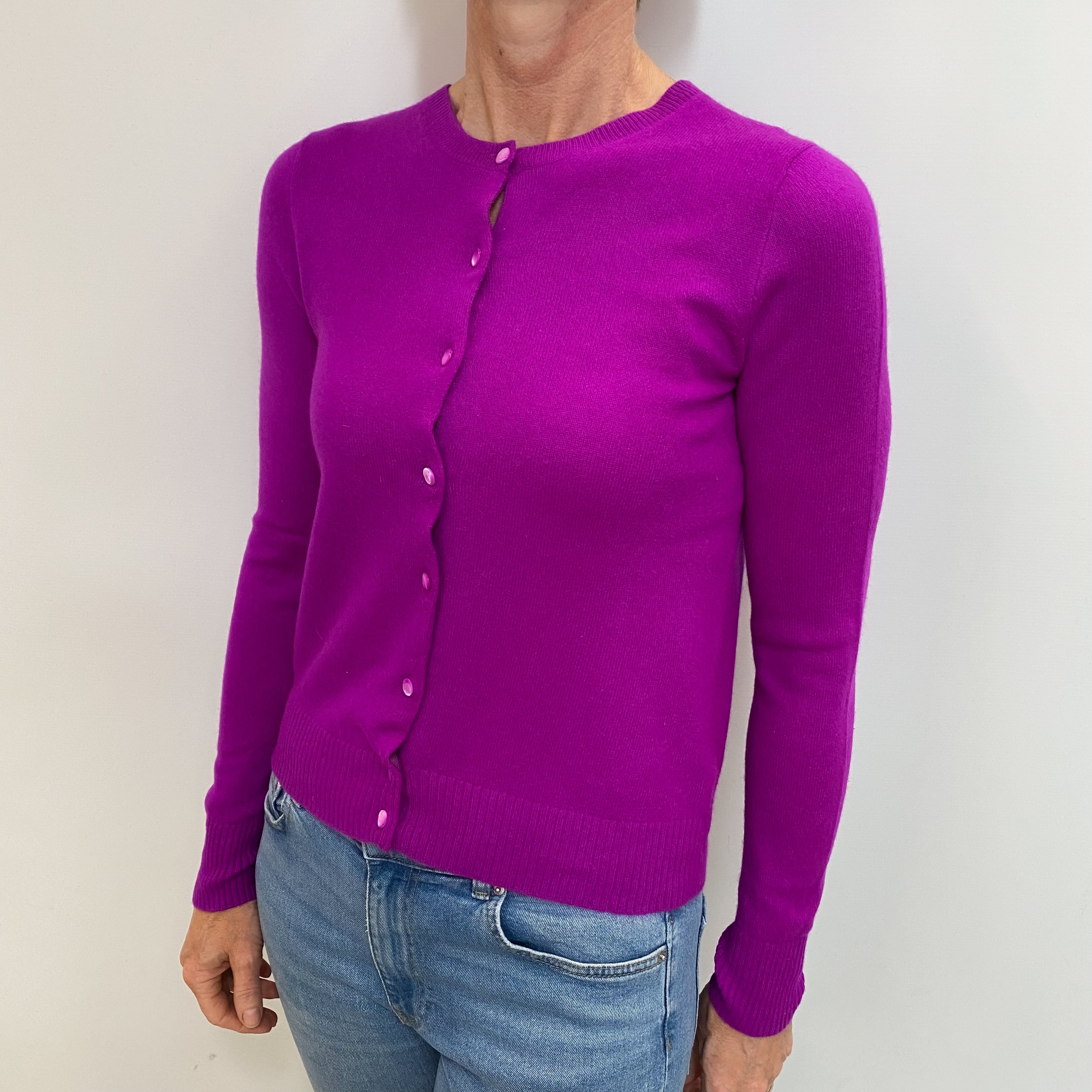 Bright Magenta Purple Cashmere Crew Neck Cardigan Small