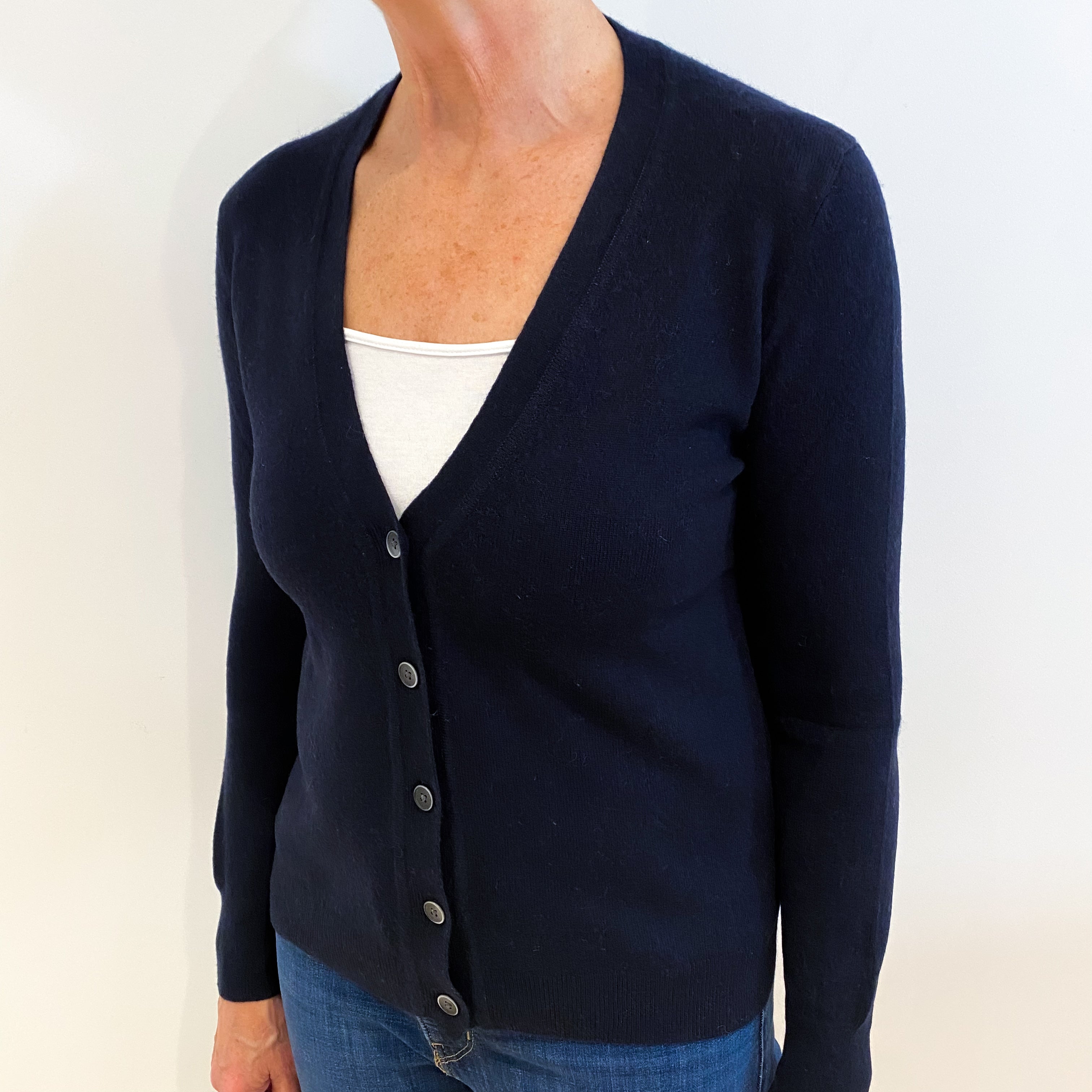 Navy Blue Cashmere V Neck Cardigan Medium