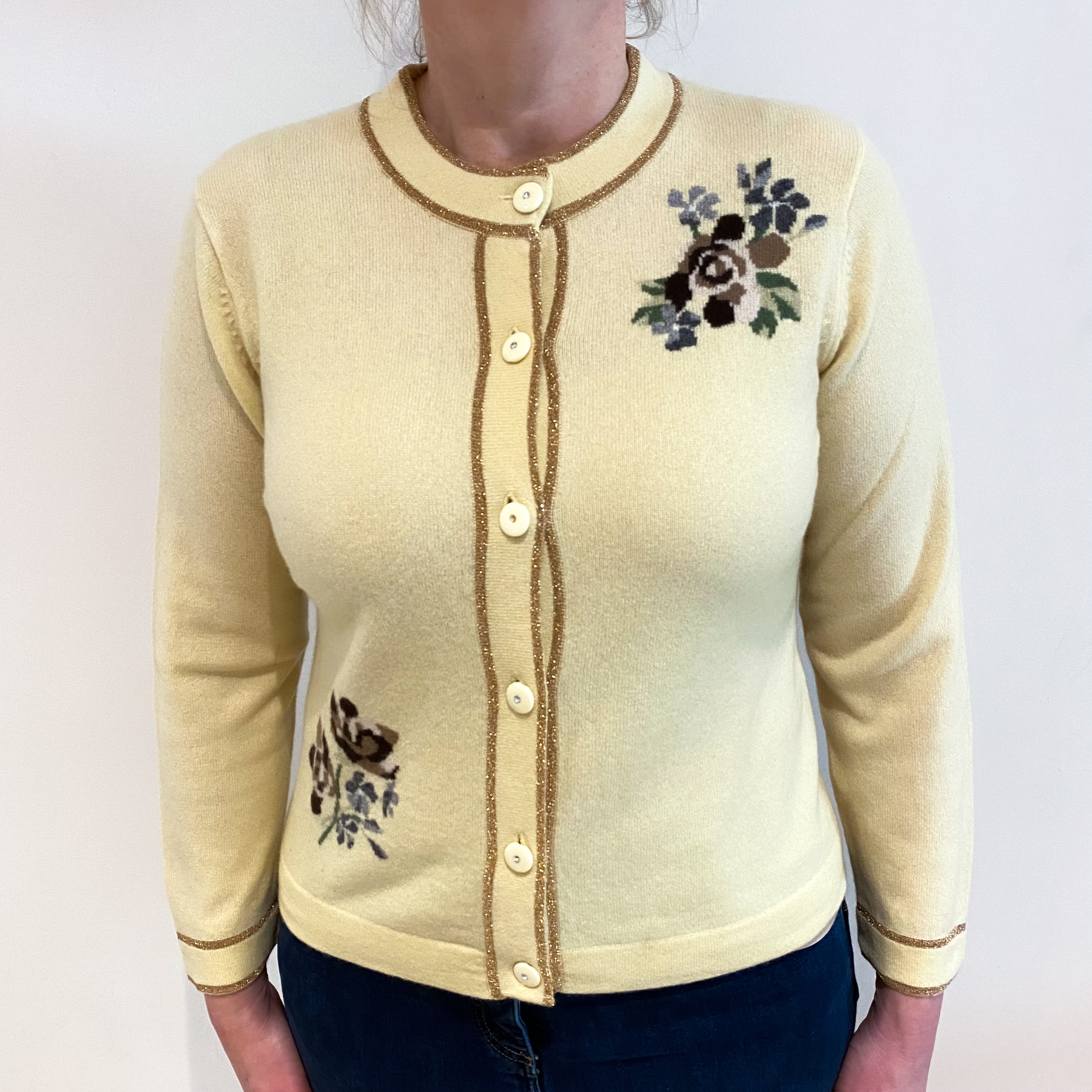 Primrose Yellow Floral Cashmere Crew Neck Cardigan Large