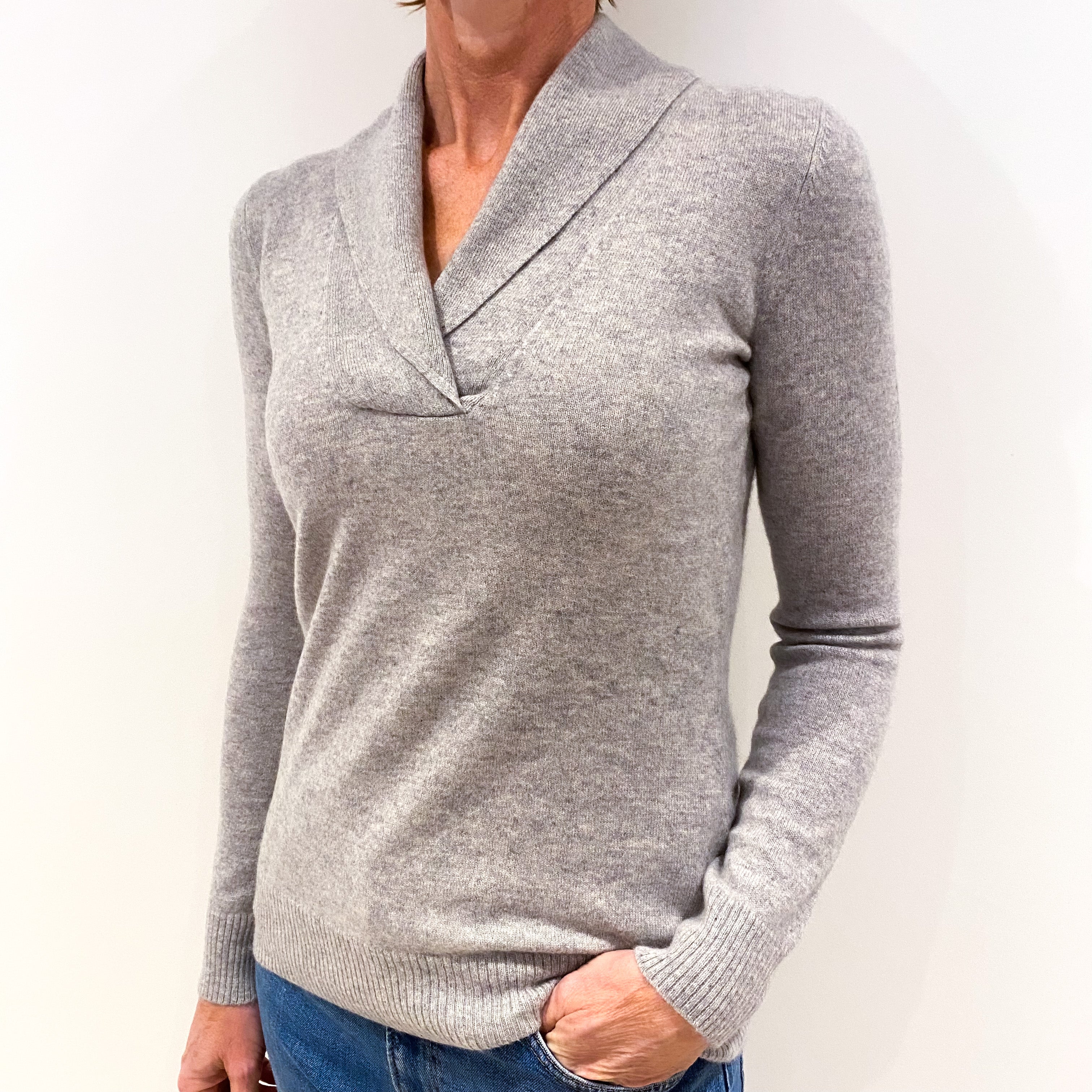 Smoke Grey Cashmere Shawl Collar V-Neck Jumper Small