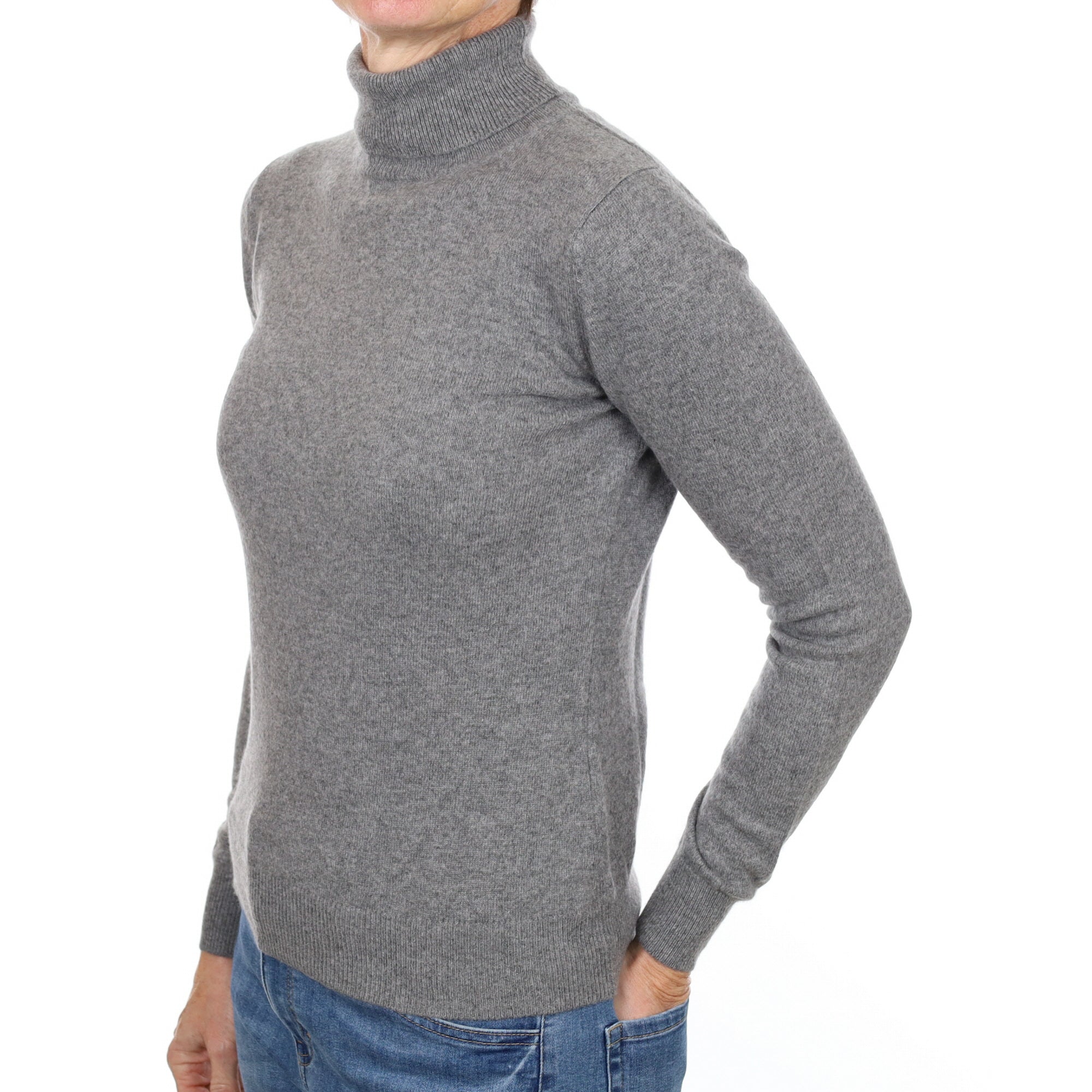 Ash Grey Cashmere Polo Neck Jumper Small