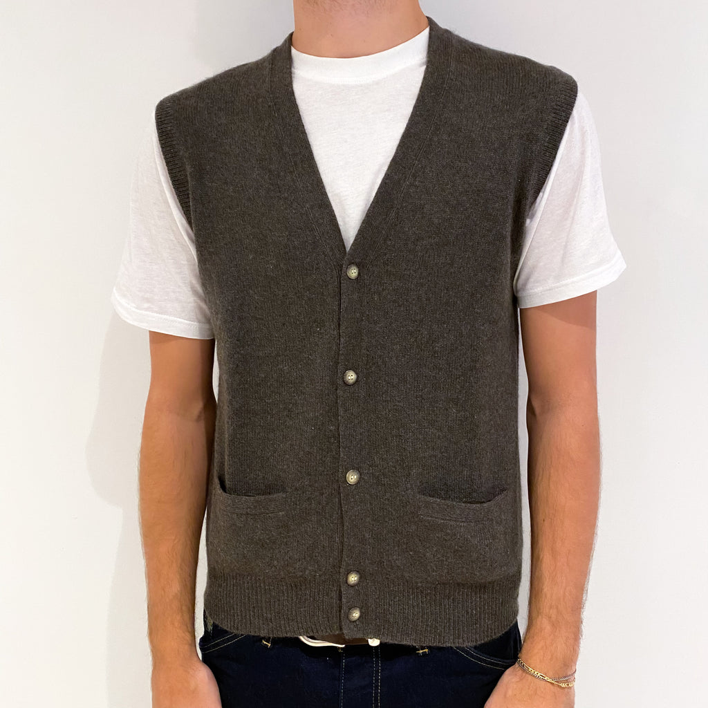 Men's Mole Brown Cashmere V-Neck Gilet with Pockets Medium