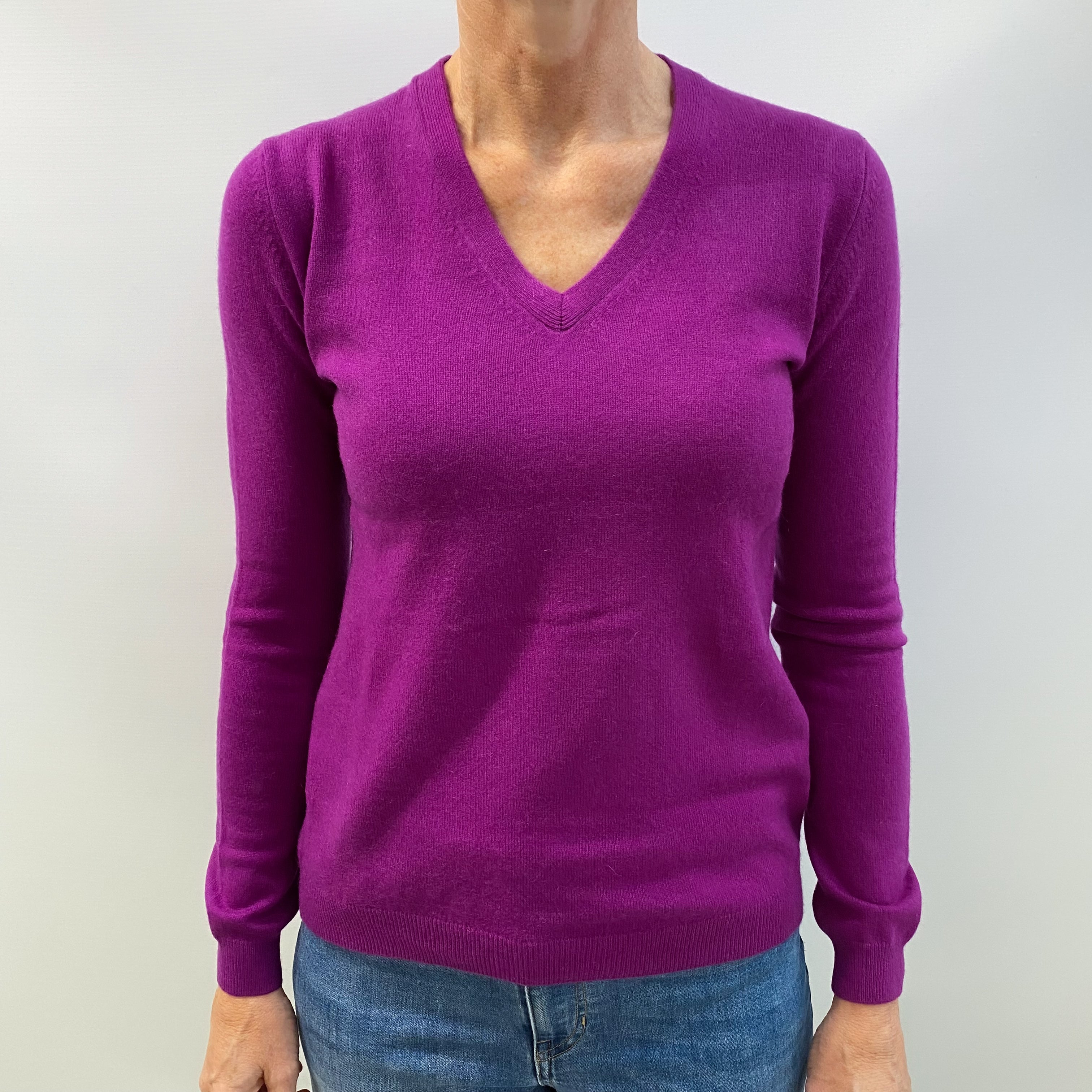 Magenta Purple Cashmere V Neck Jumper Small