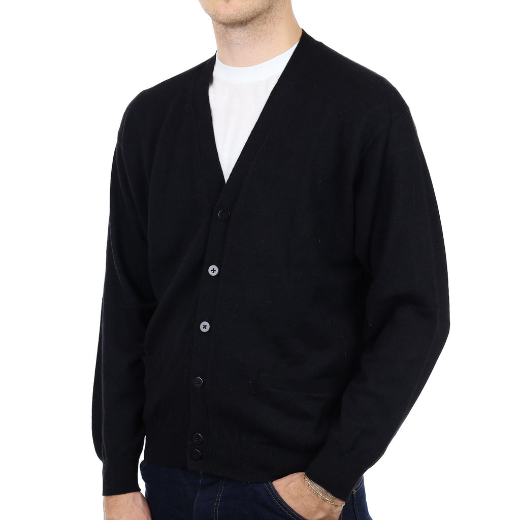 Men's Black Cashmere V Neck Cardigan with Pockets Large