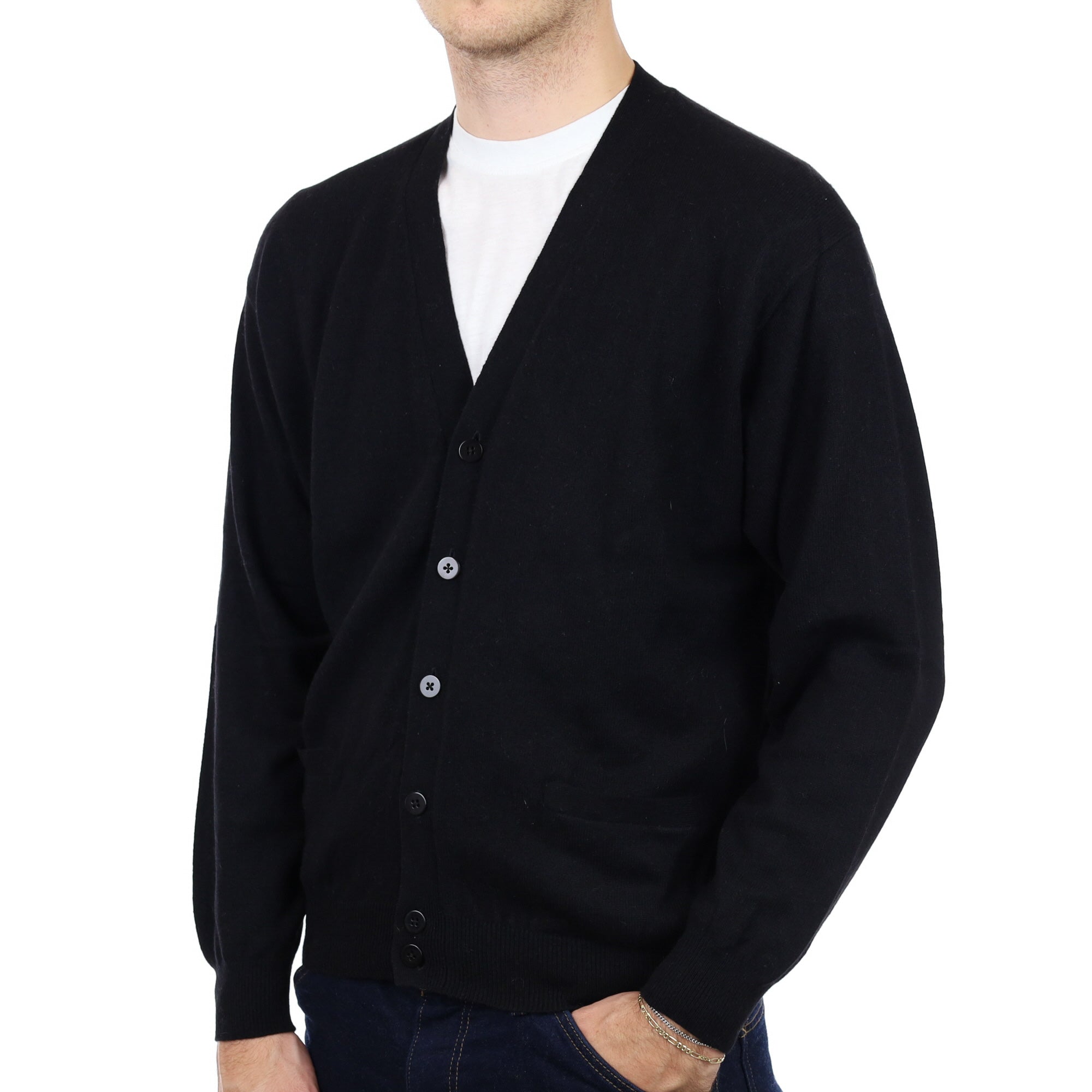 Men's Black Cashmere V Neck Cardigan with Pockets Large