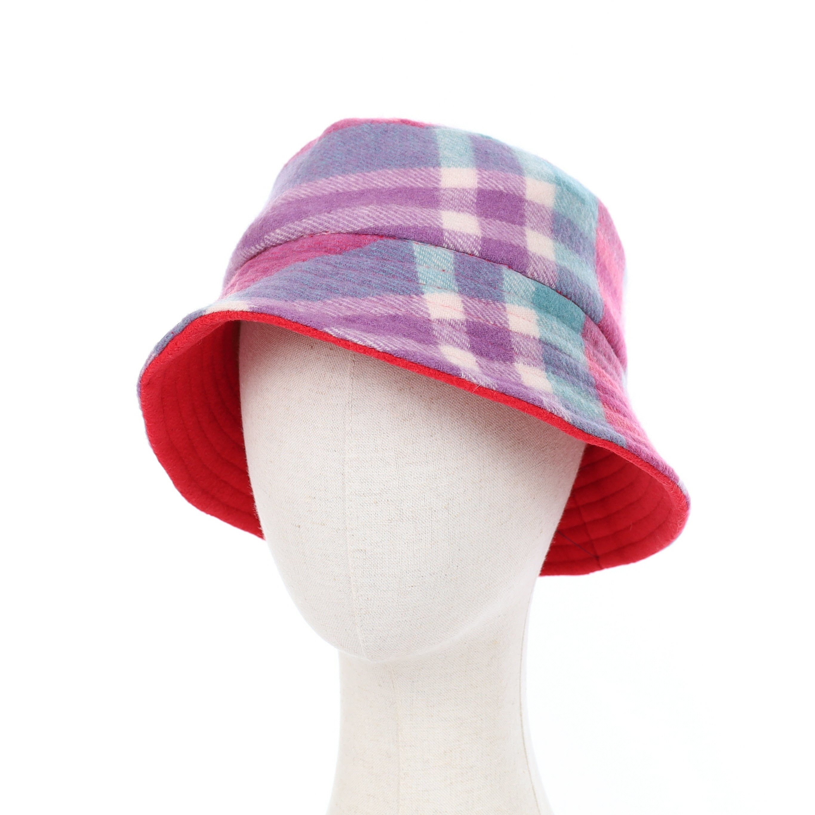 Purple Pink and Green Patterned Reversible Cashmere Bucket Hat Medium