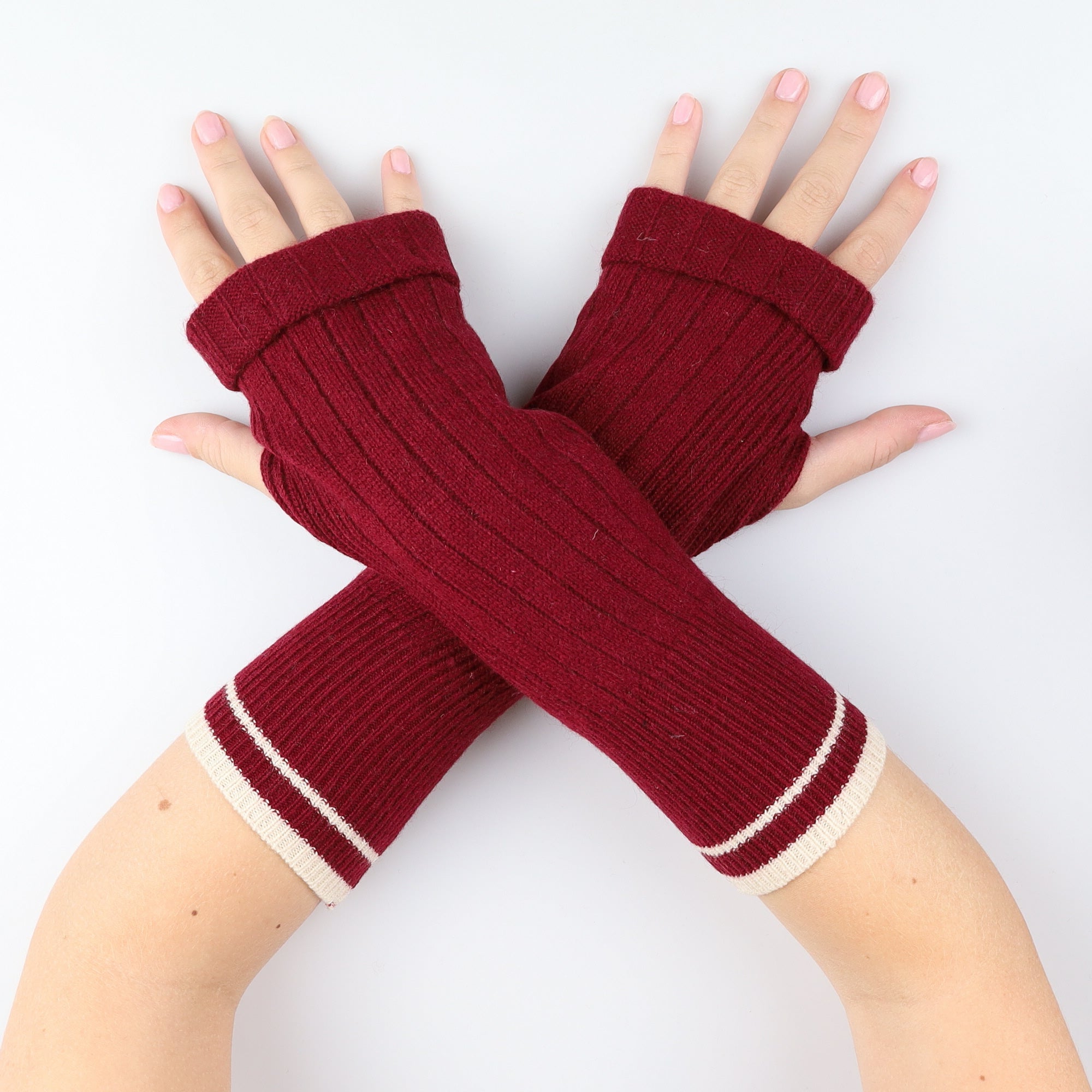 Crimson Red and Cream Ribbed Fingerless Gloves