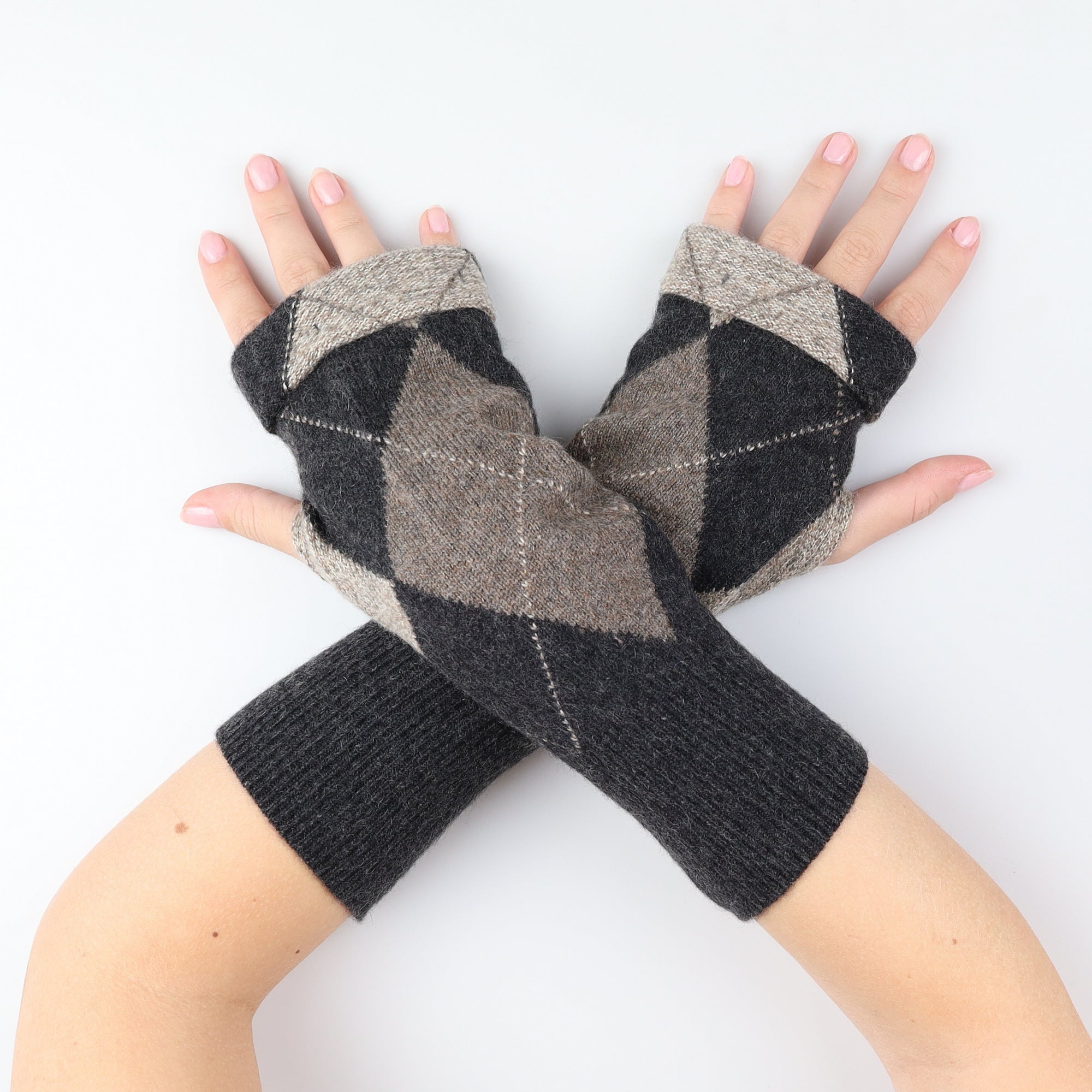 Grey and Brown Patterned Fingerless Gloves