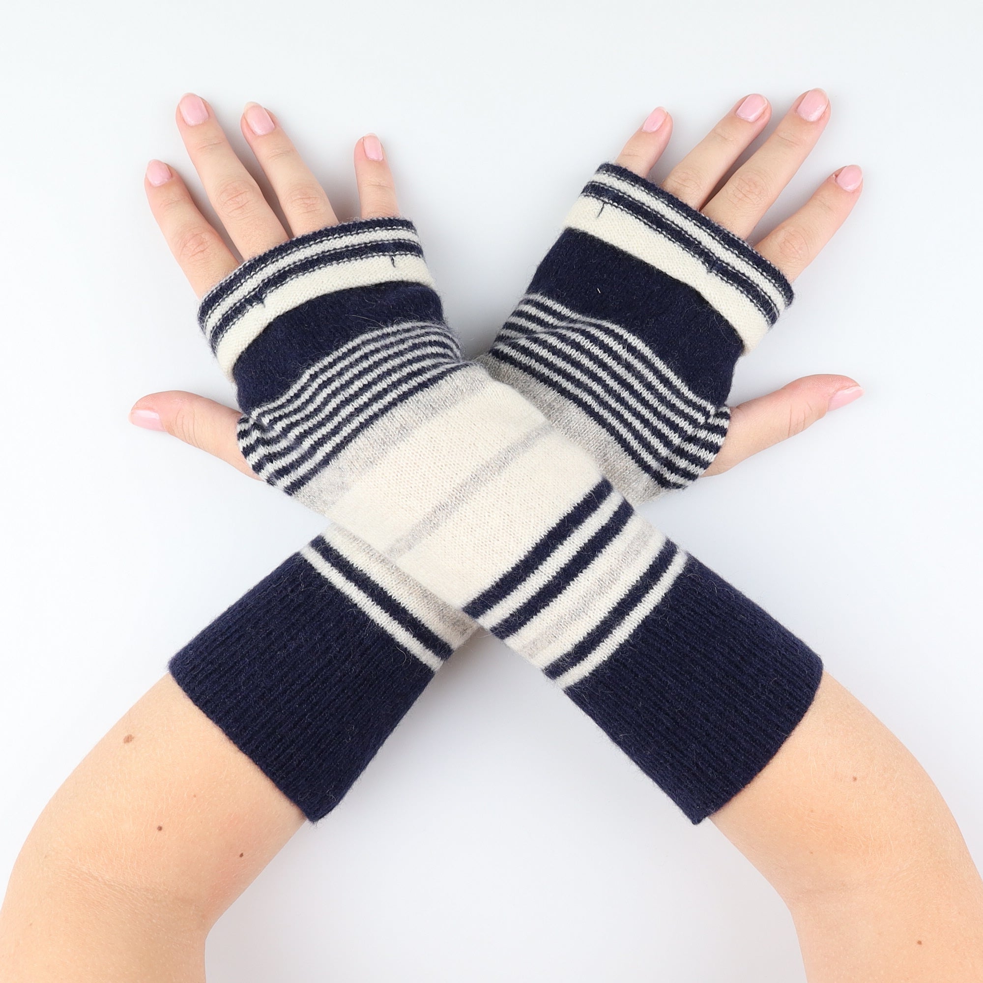 Navy Cream and Grey Striped Fingerless Gloves