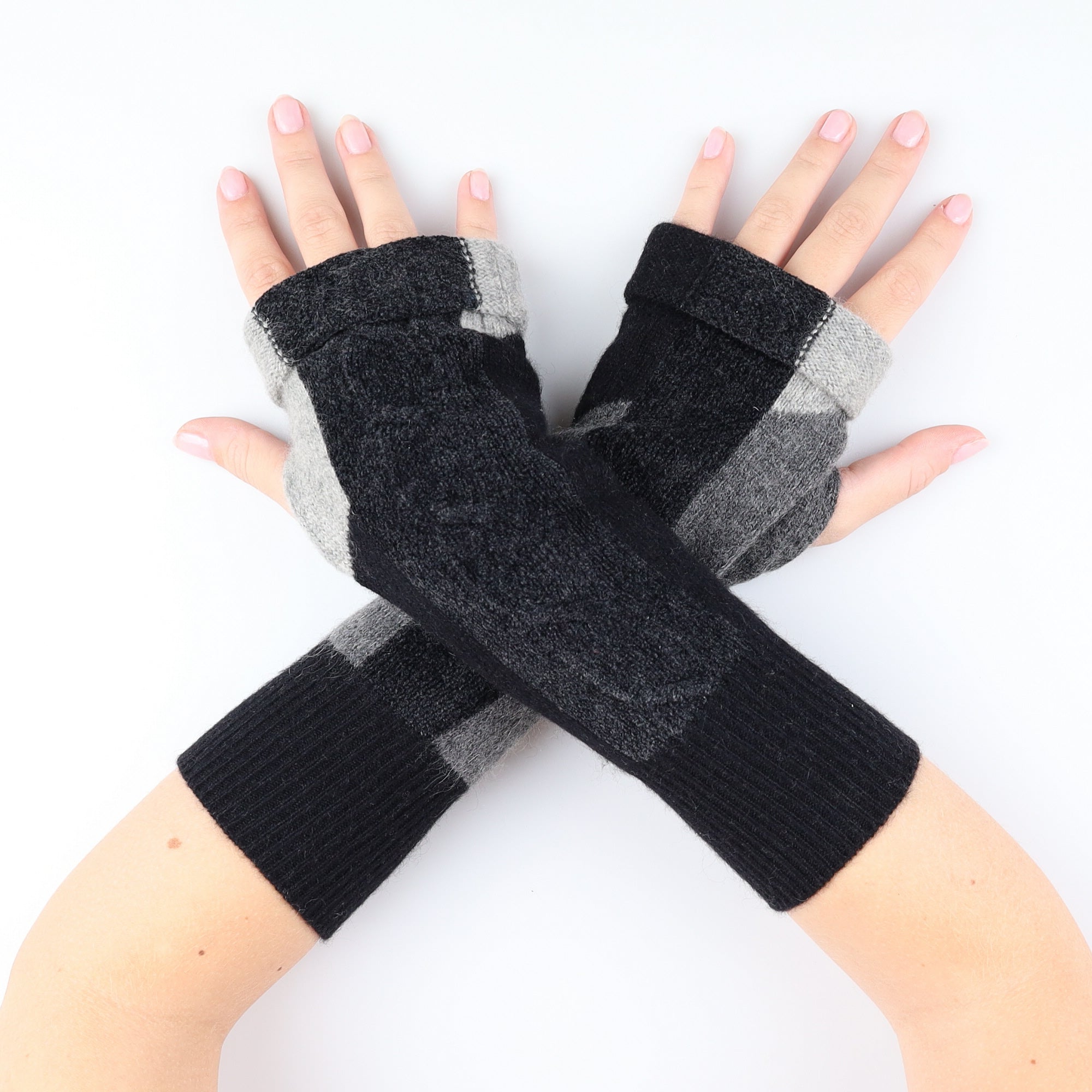 Grey and Black Patterned Fingerless Gloves