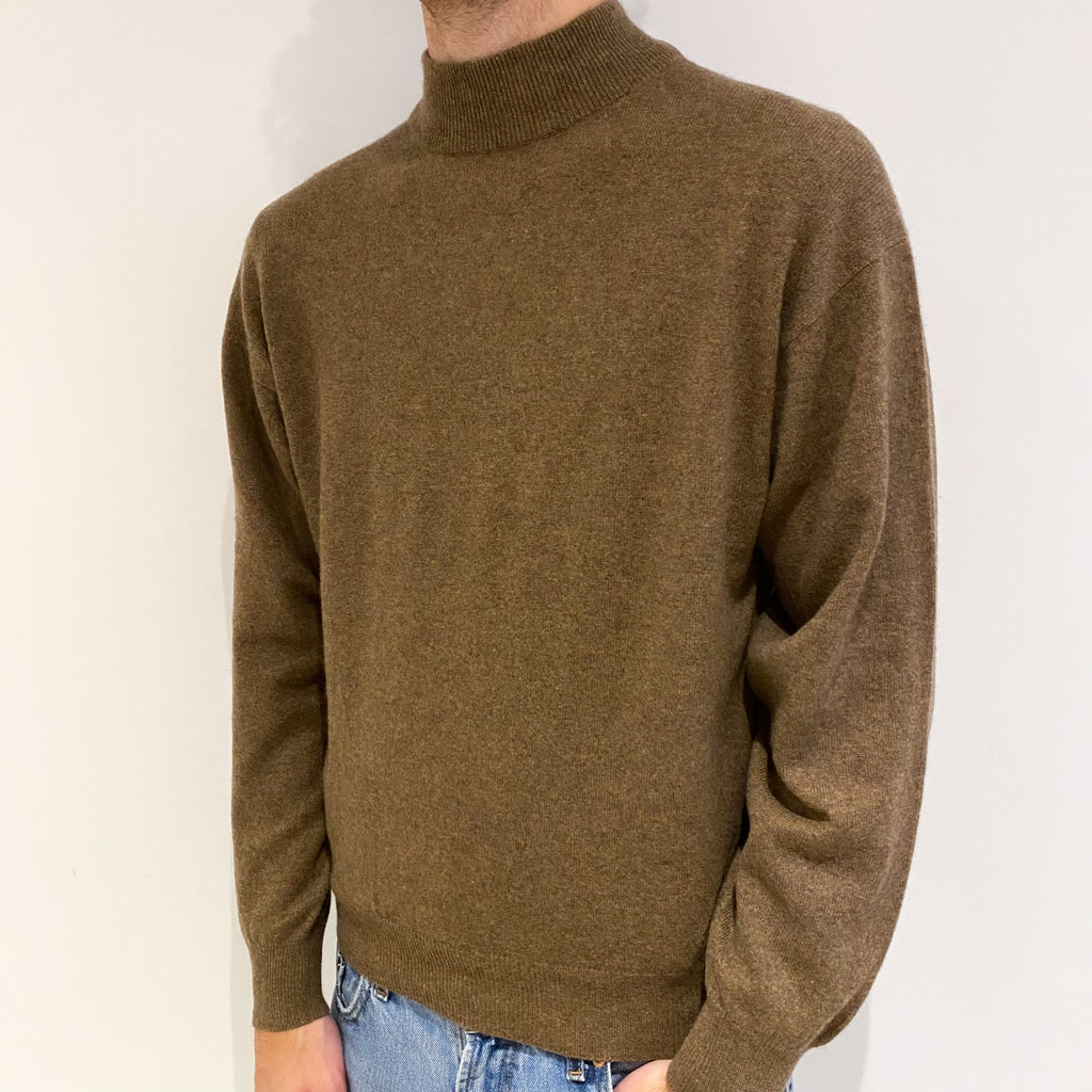 Men's Camel Brown Marl Cashmere Turtle Neck Jumper Large