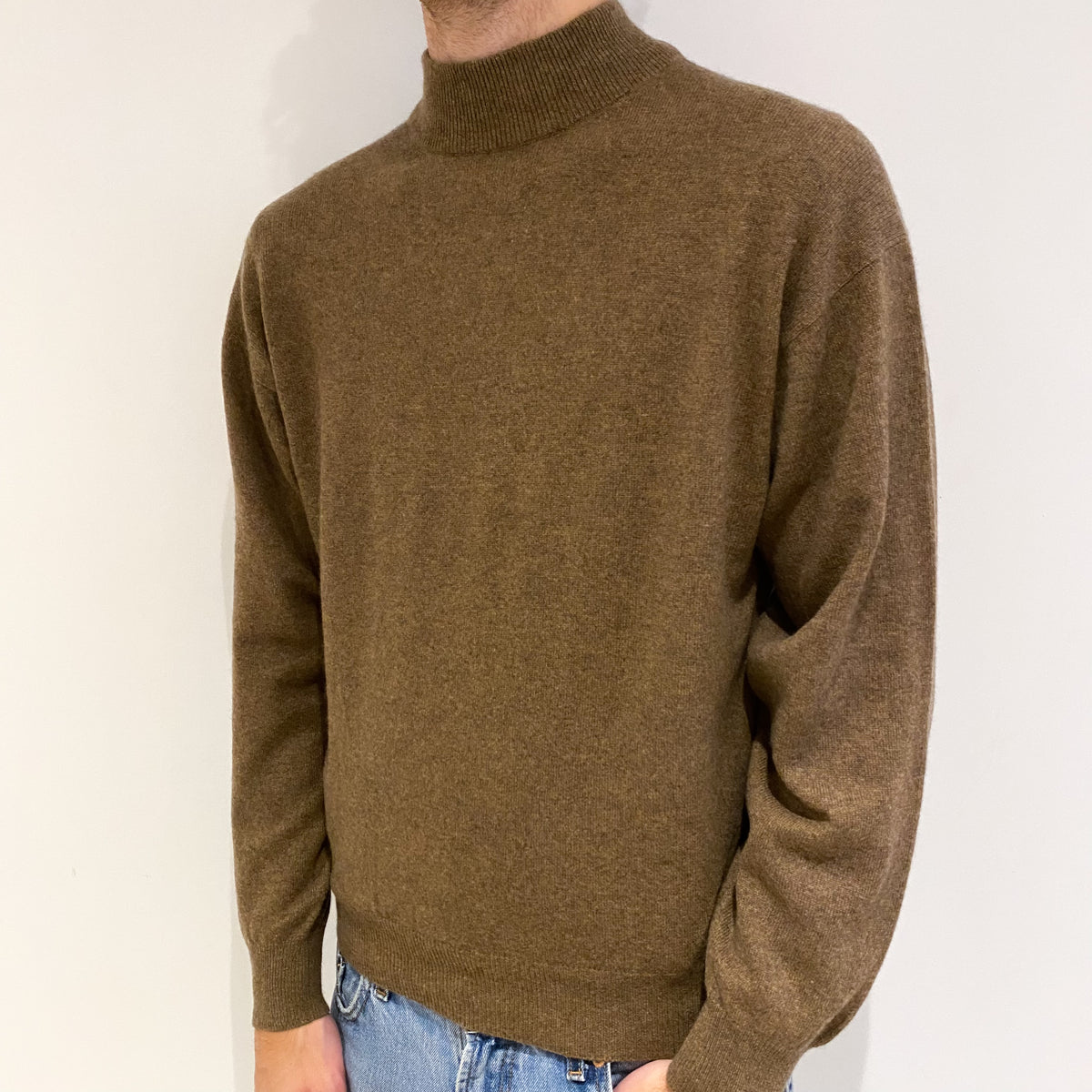 Men's Camel Brown Marl Cashmere Turtle Neck Jumper Large