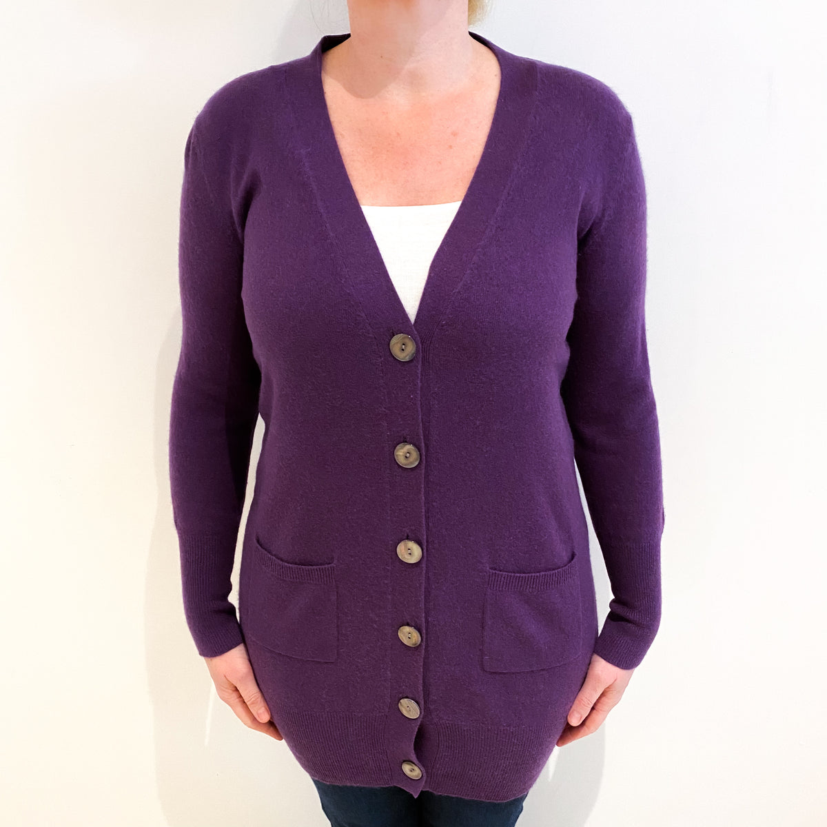 Pansy Purple Cashmere V Neck Longline Cardigan With Pockets Large