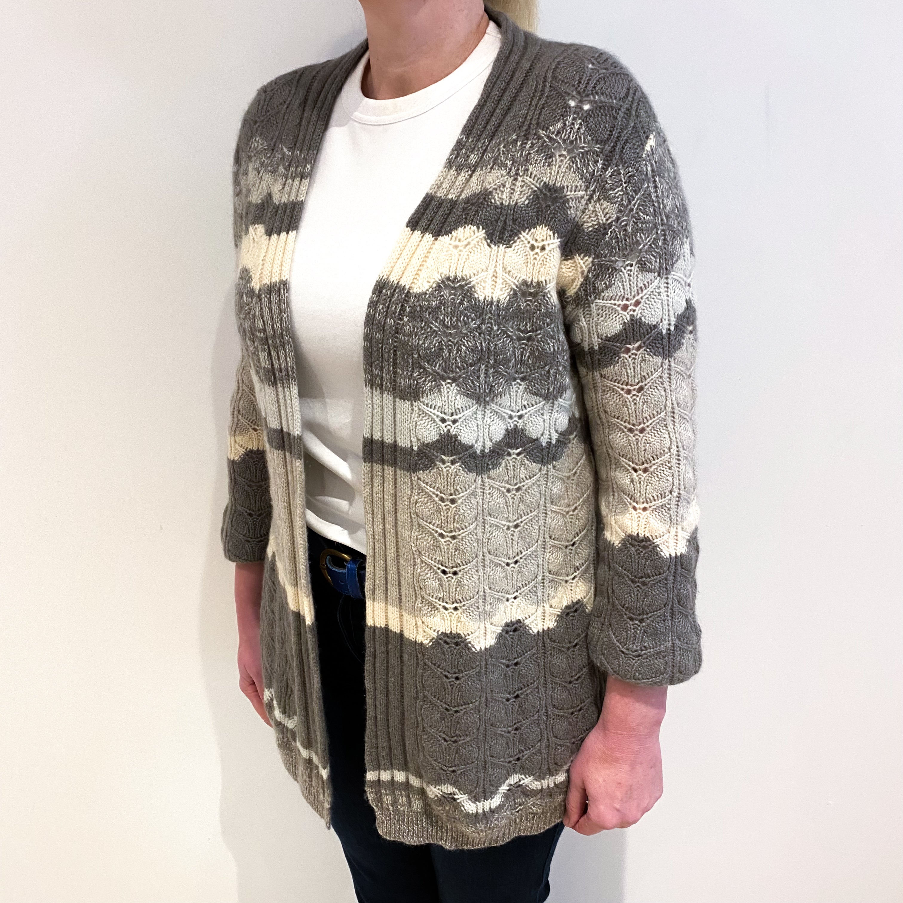 Mocha And Mint Cashmere Edge to Edge Lace Knit Cardigan Large