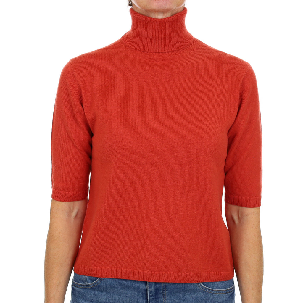 Burnt Orange Cashmere Polo Neck Short Sleeved Jumper Small