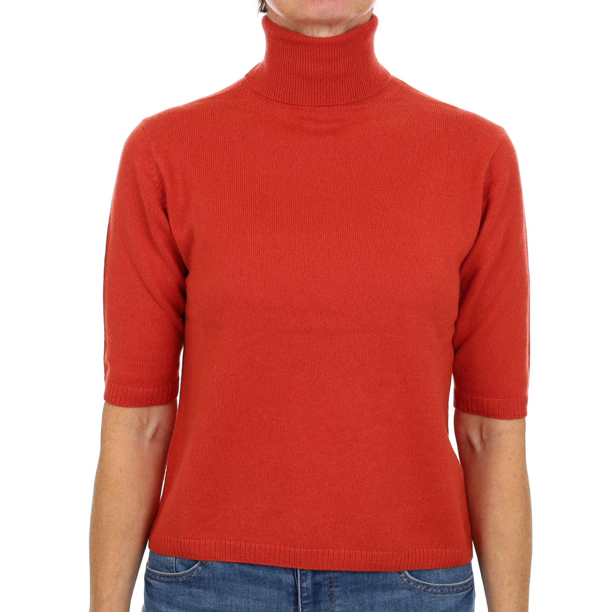 Burnt Orange Cashmere Polo Neck Short Sleeved Jumper Small