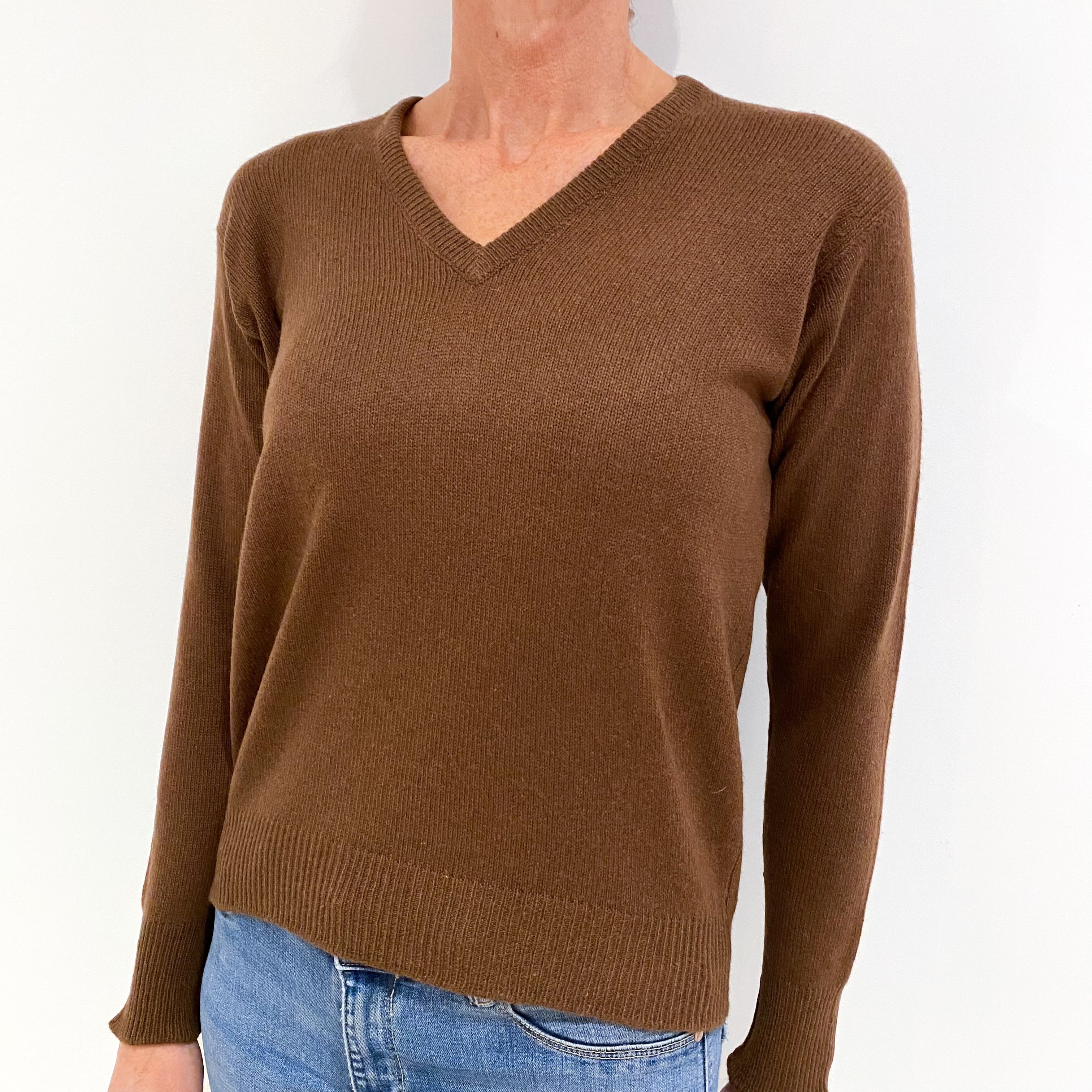 Vintage Milk Chocolate Brown Cashmere V-Neck Jumper Small