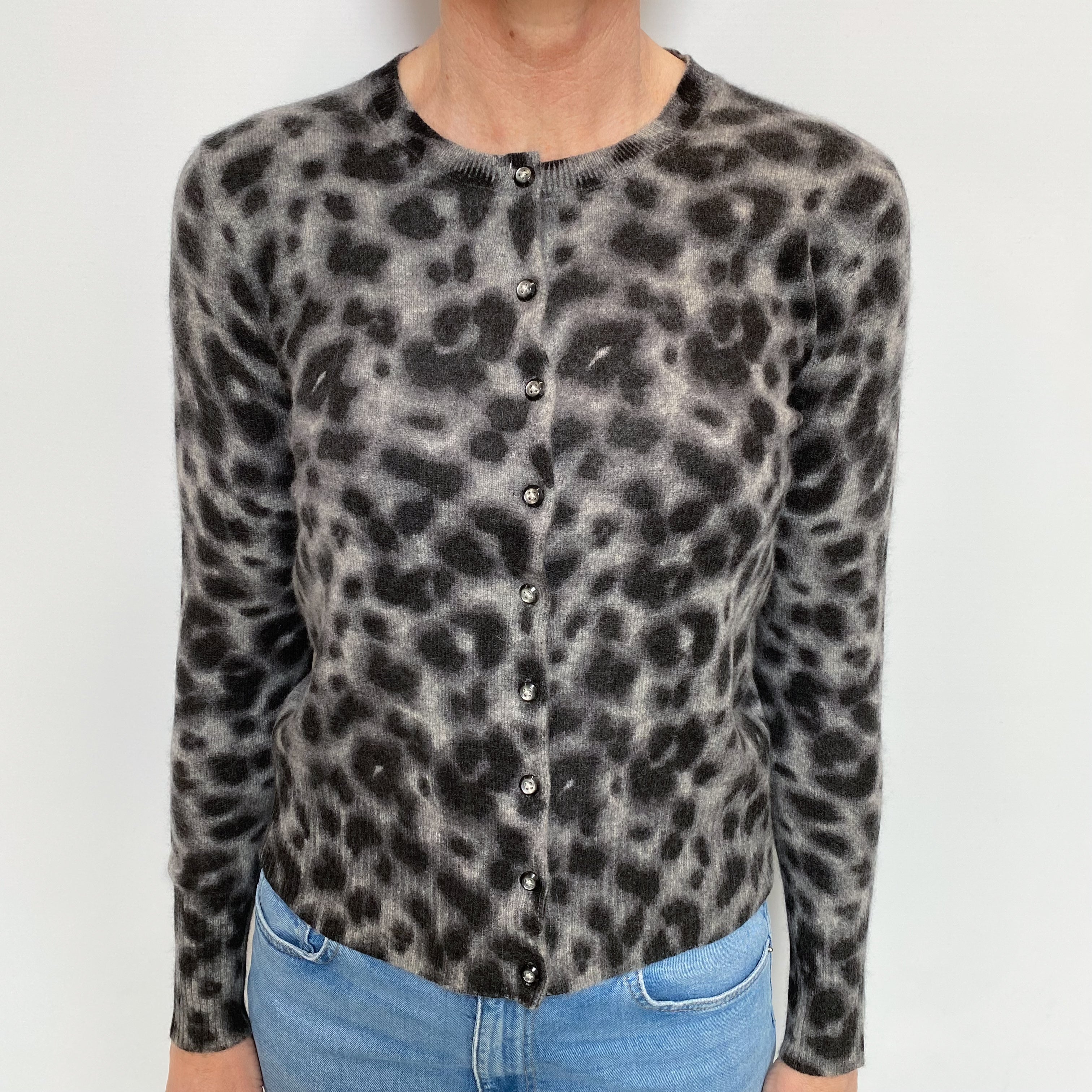 Grey Animal Print Cashmere Crew Neck Cardigan Small