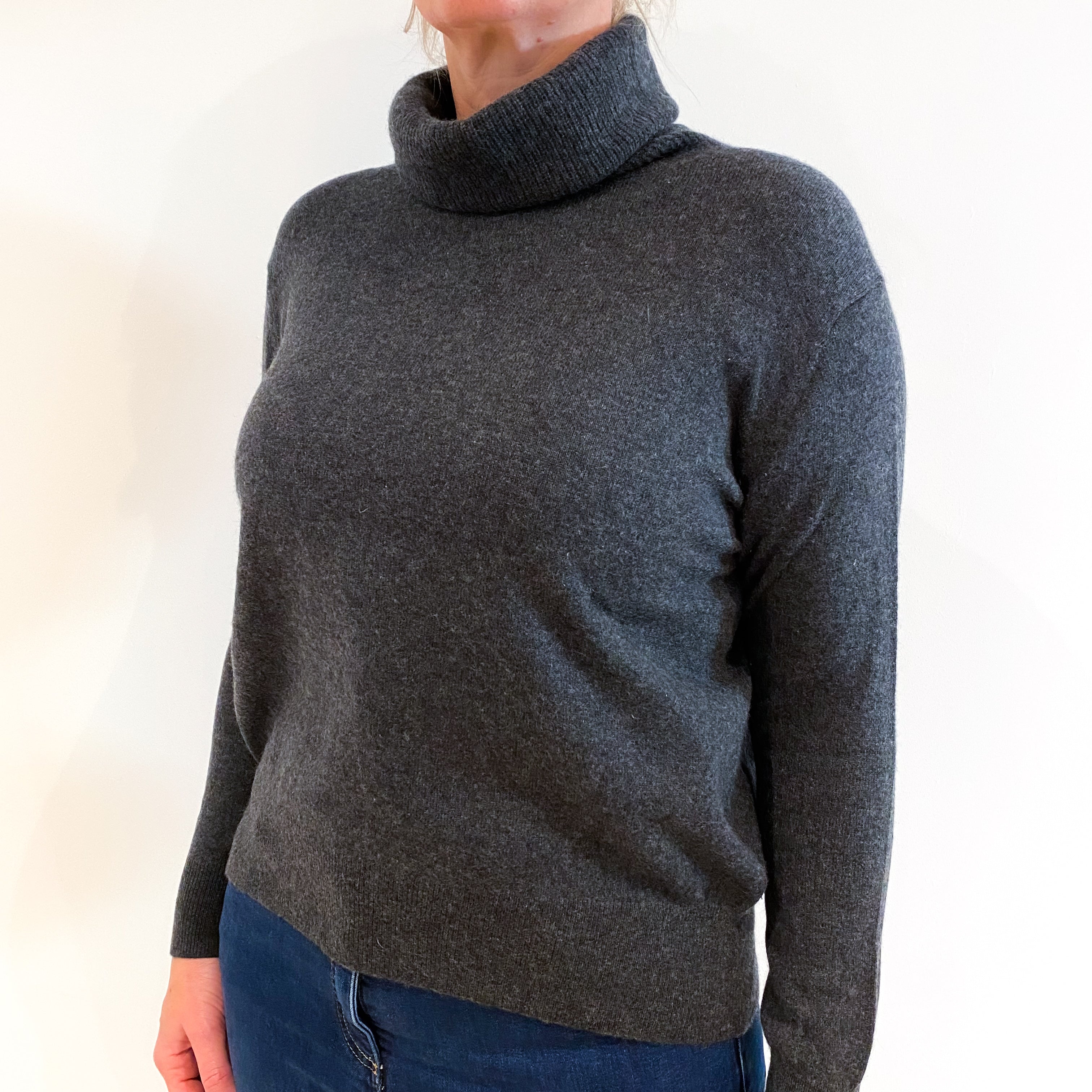 Charcoal Grey Cashmere Polo Neck Jumper Large