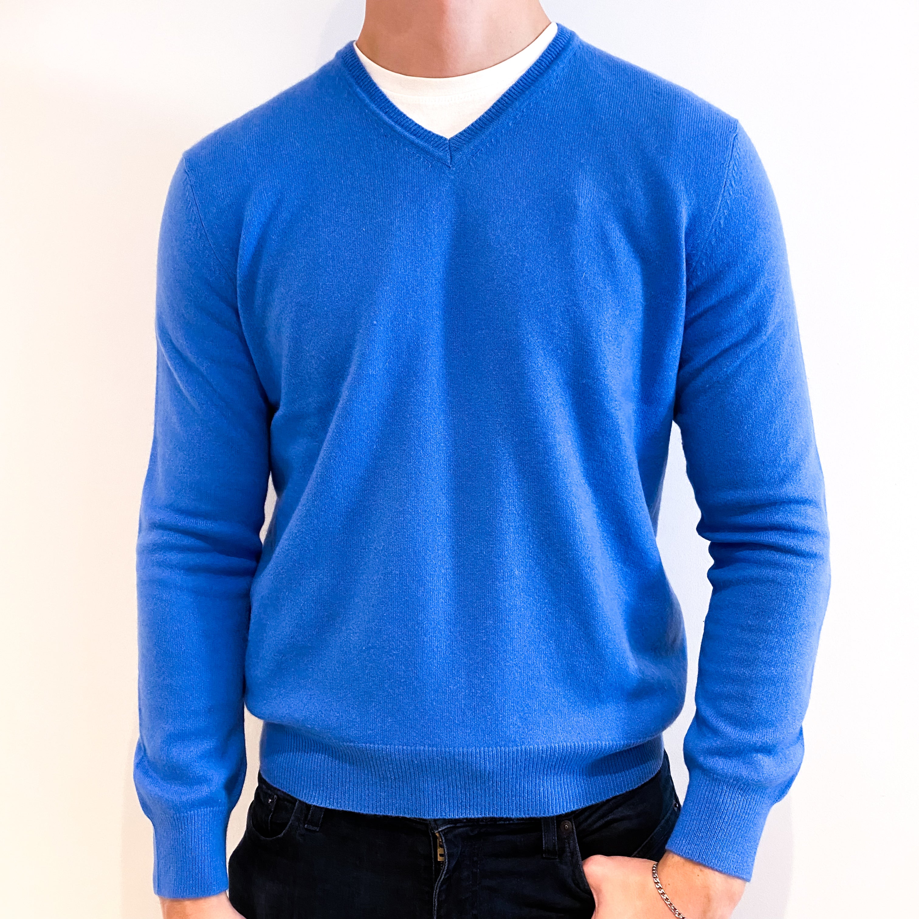 Men's Cornflower Blue Cashmere V-Neck Jumper Extra Large