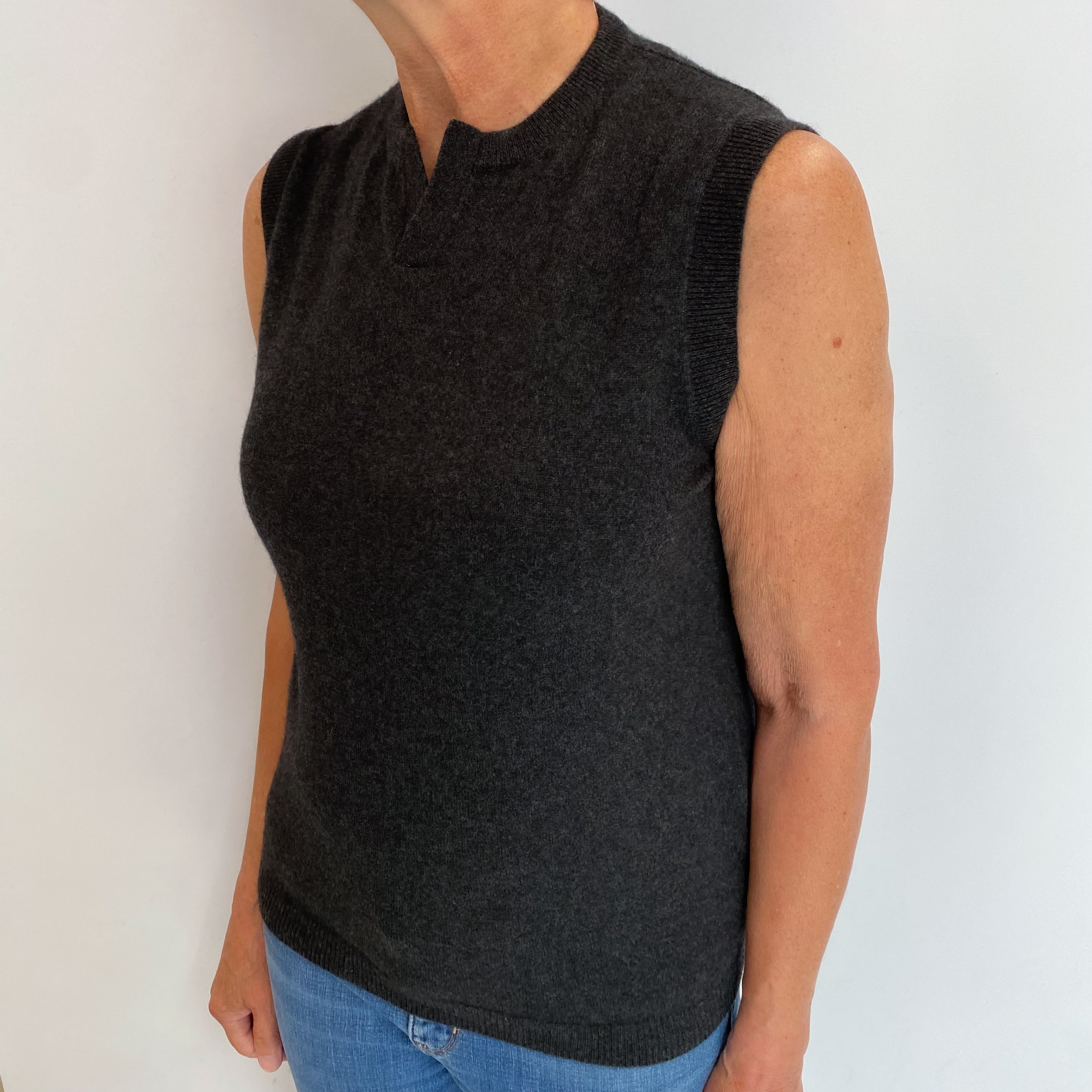 Charcoal Grey Cashmere Notch V Neck Sleeveless Jumper Medium