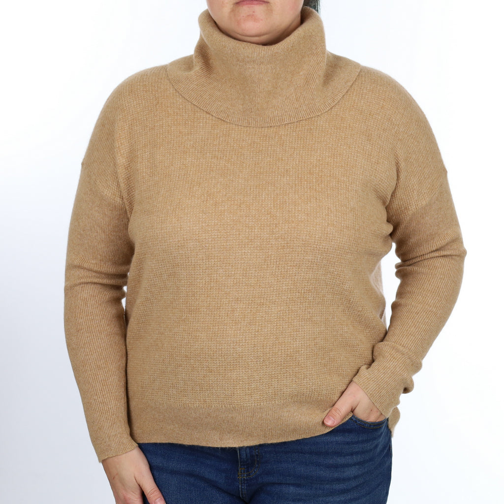 Caramel Brown Waffle Cashmere Cowl Neck Jumper Large