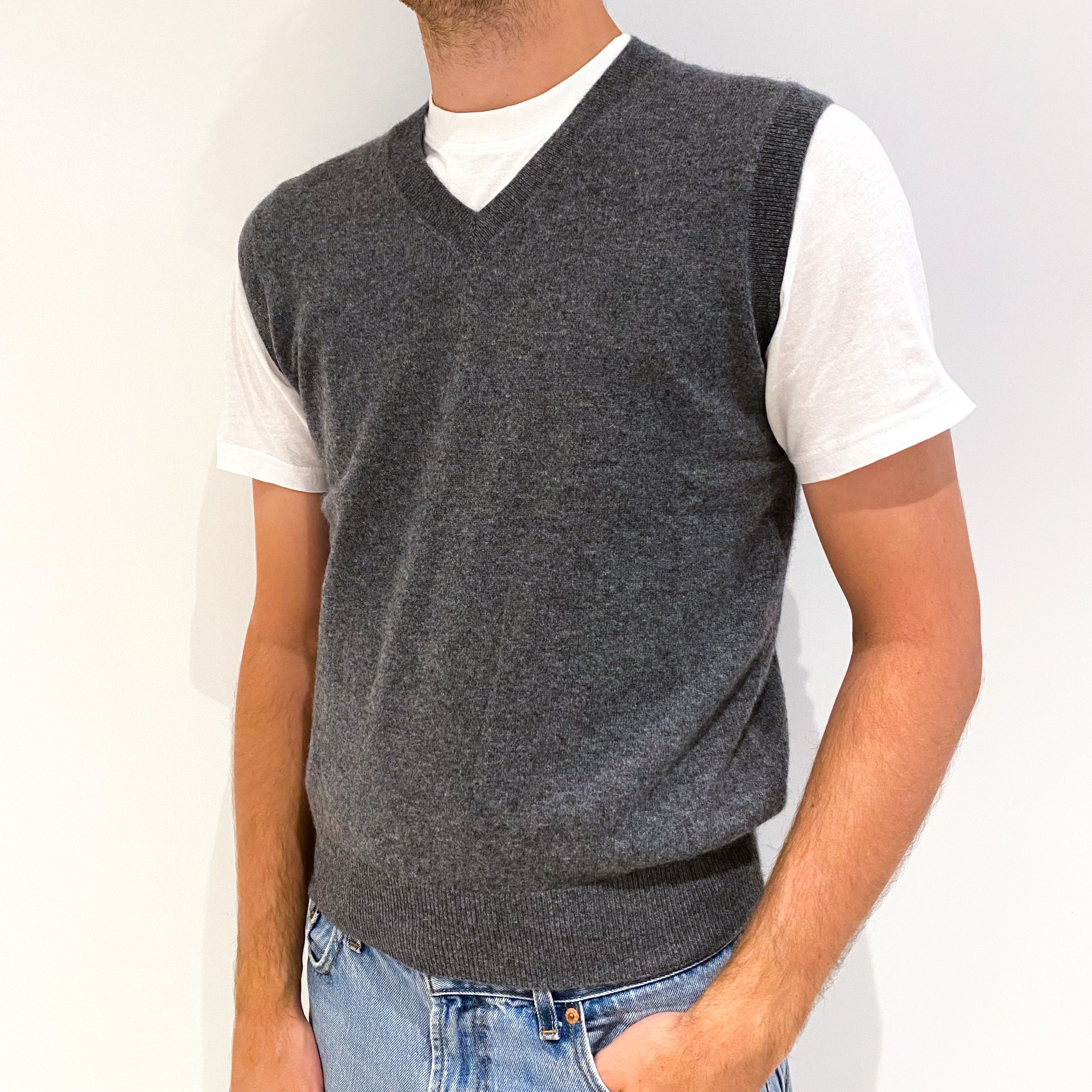 Men's Ash Grey Cashmere V-Neck Tank Top Jumper Medium