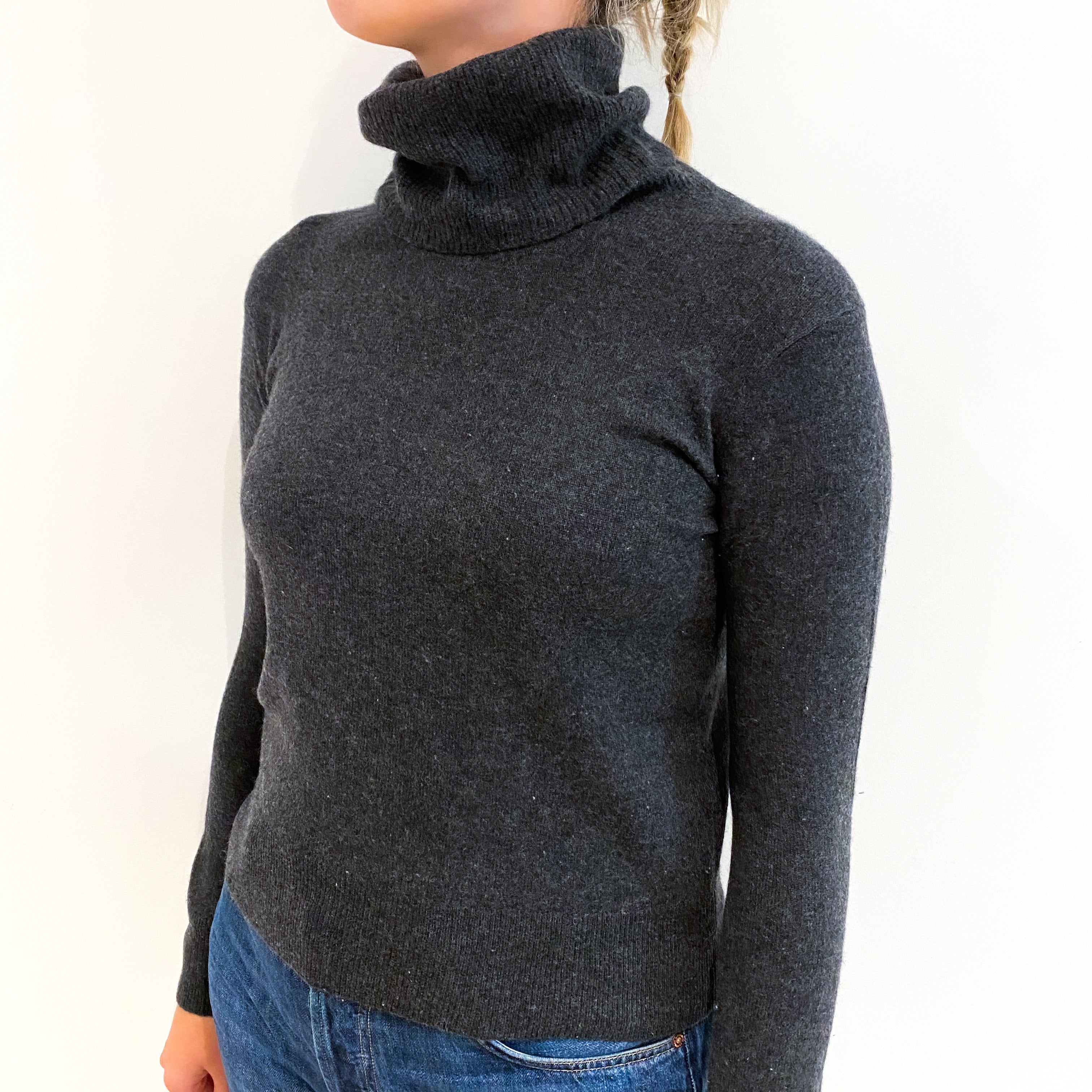 Charcoal Grey Cashmere Slouchy Polo Neck Jumper Small