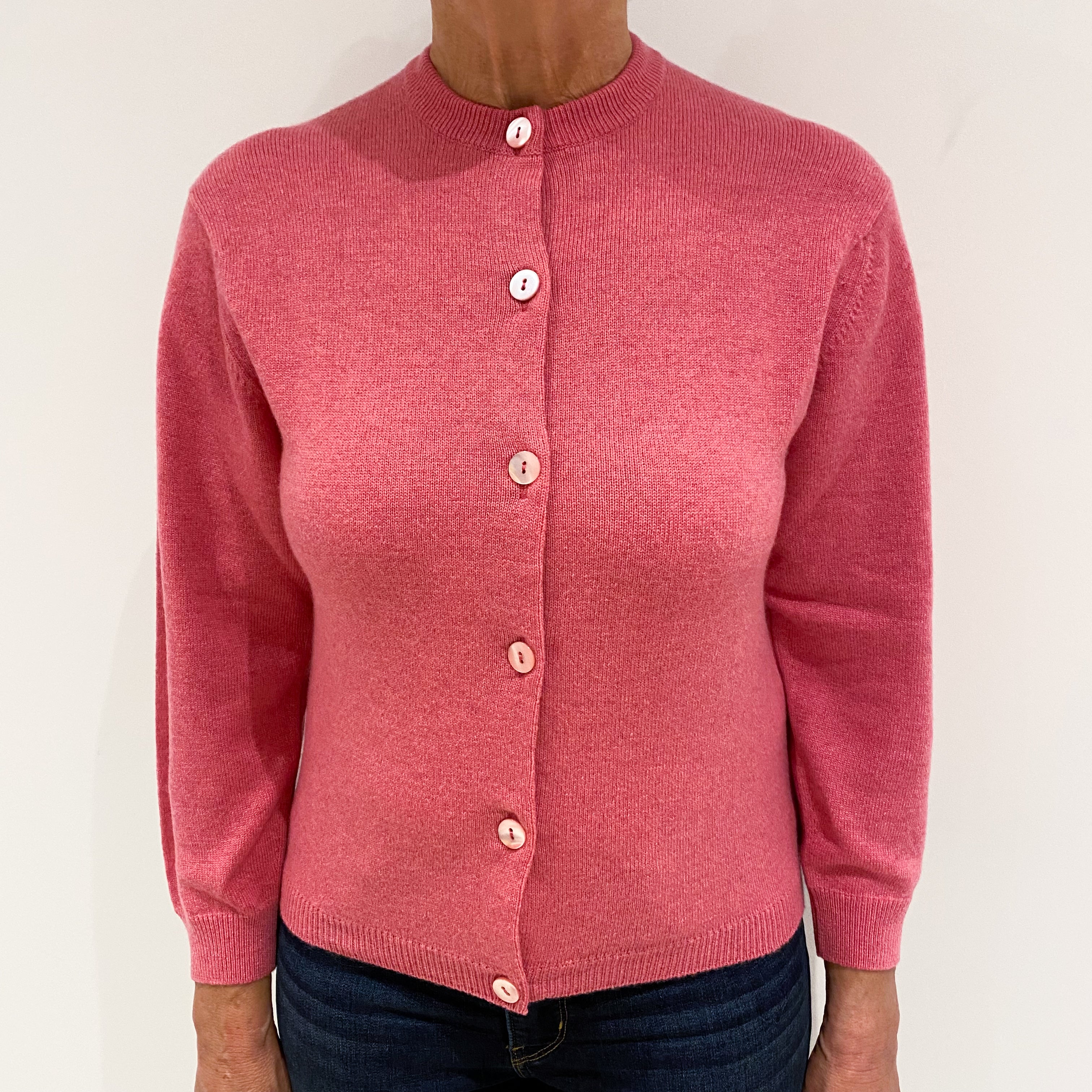 Brand New Scottish Lupin Pink Cashmere Crew Neck Cardigan Medium