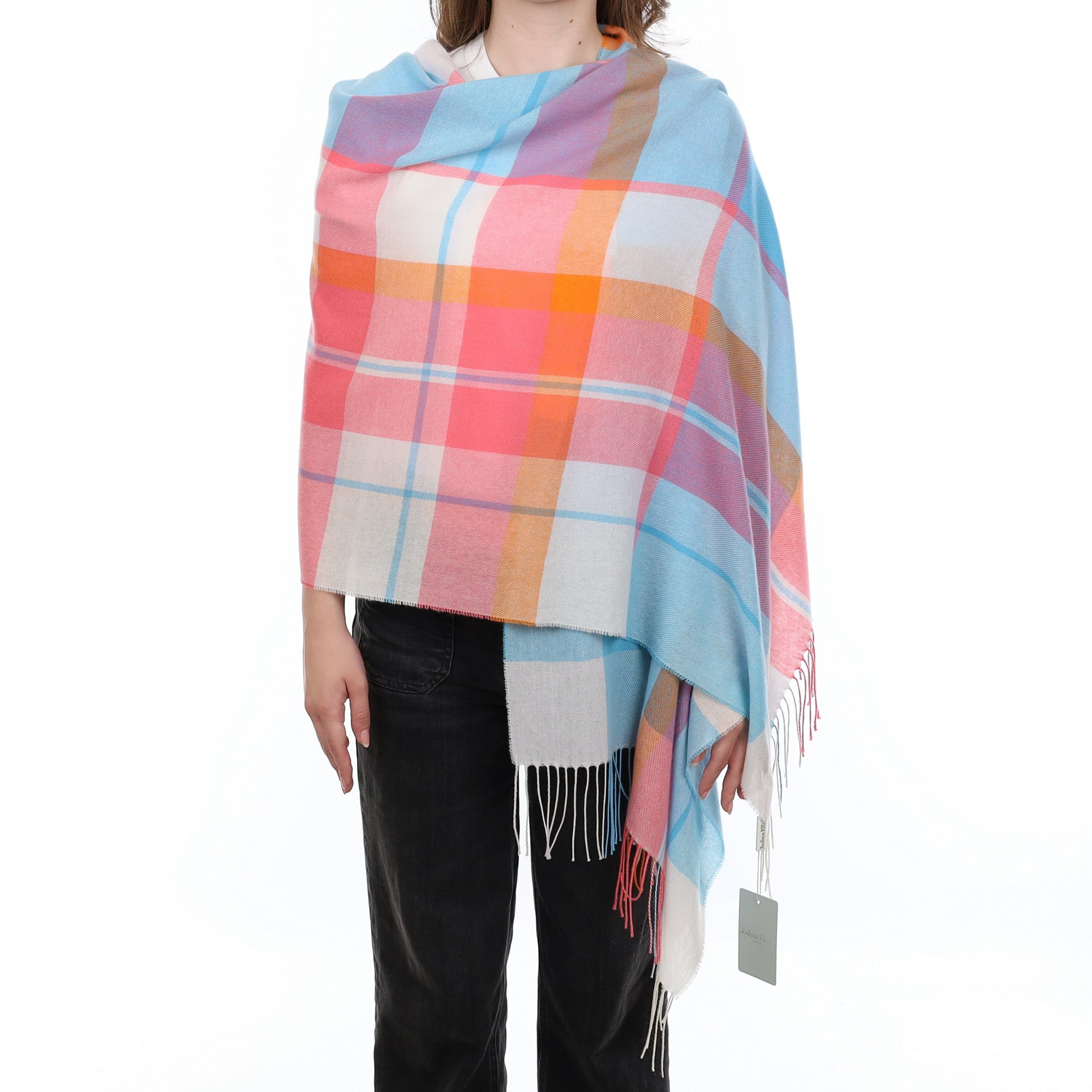 Brand New British Coral & Aqua Plaid Luxury Woven Cashmere Pashmina
