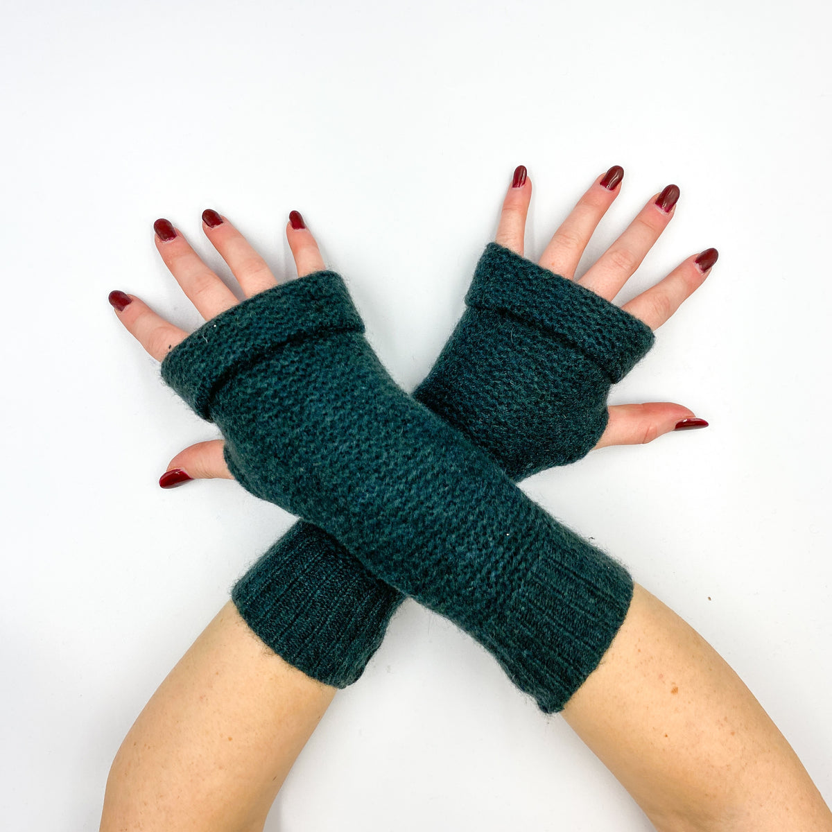 Spruce Green Chunky Textured Knit Fingerless Gloves