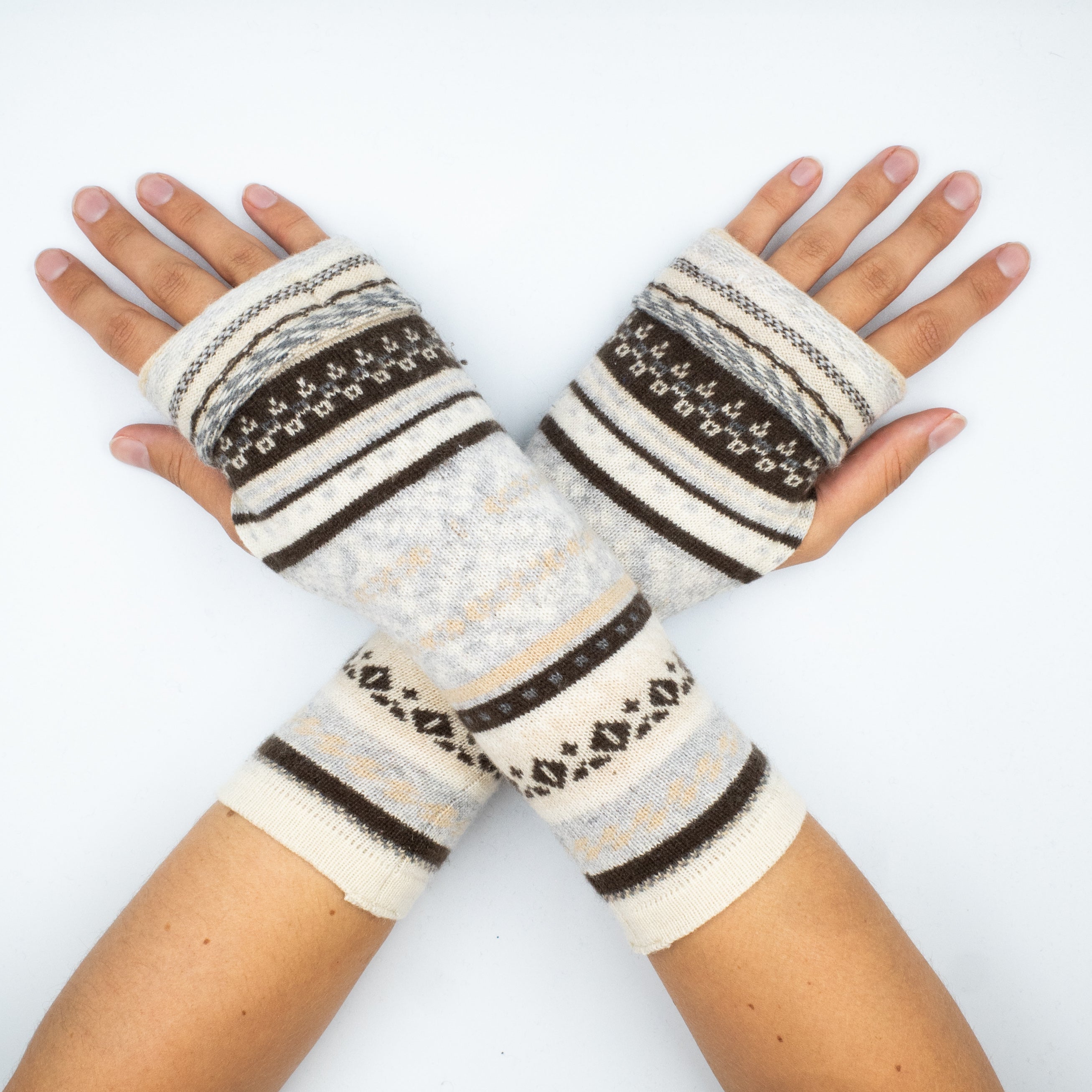 Oatmeal and Brown Fair Isle Cashmere Fingerless Gloves