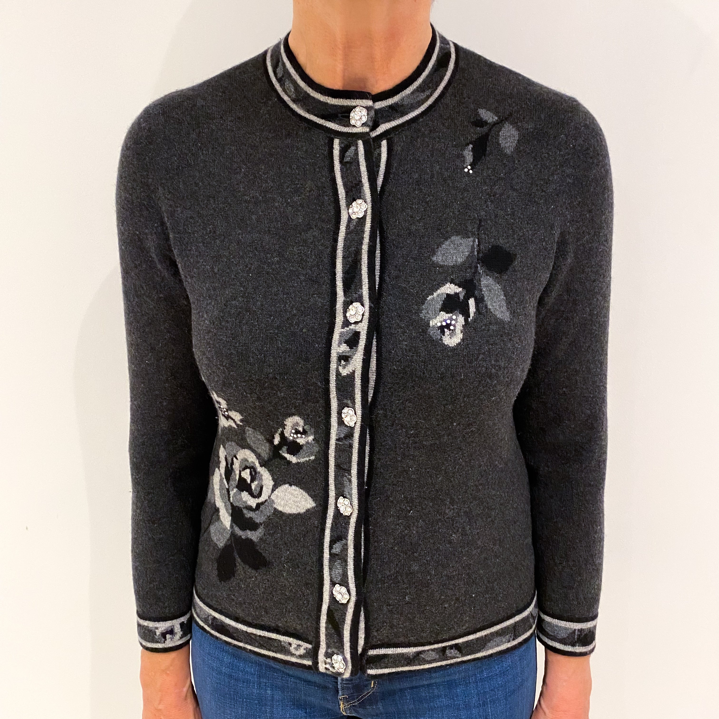Charcoal Grey Floral Cashmere Turtle Neck Cardigan Medium